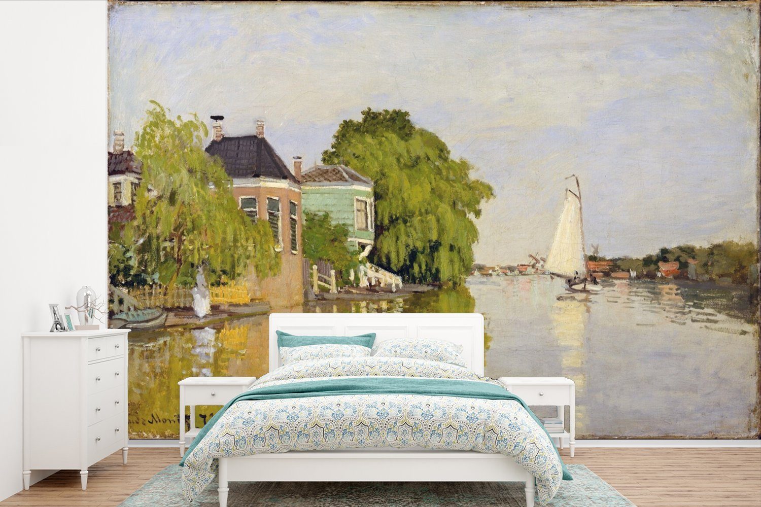 MuchoWow Fototapete Häuser an der Achterzaan - Gemälde von Claude Monet, Matt, bedruckt, (6 St), Wallpaper für Wohnzimmer, Schlafzimmer, Kinderzimmer, Vinyl Tapete