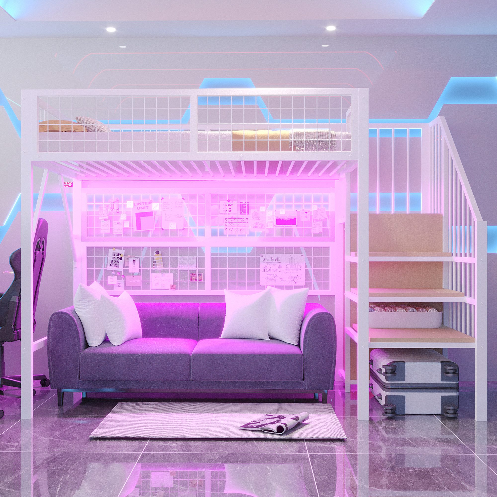 Merax Hochbett (Kinderbett Jugendbett Eisenbett, 1-St., App-gesteuerte LED-Leuchten) Metallbett 90x200cm mit LED Stauraumtreppe Kleiderschrank Gitter