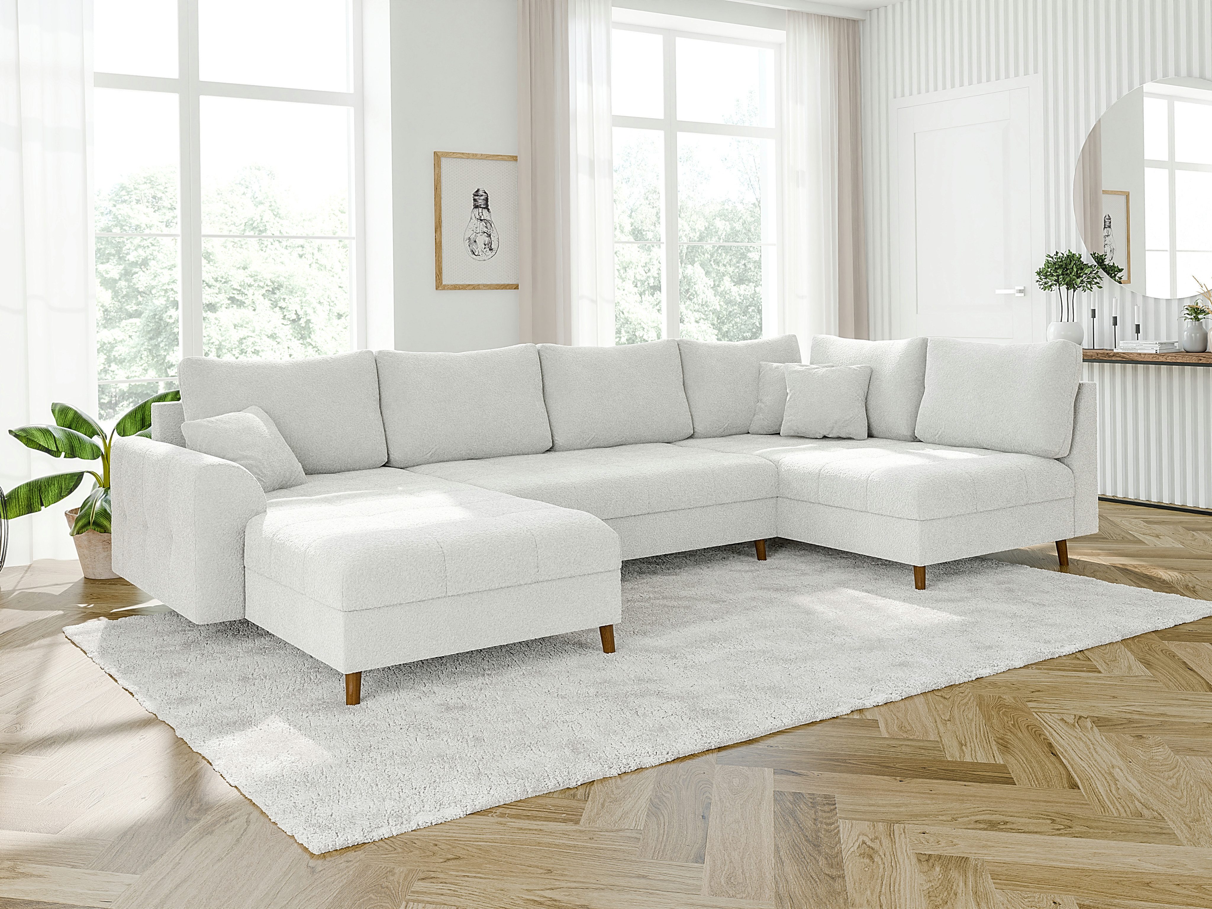 S-Style Möbel Wohnlandschaft Leif mit Braun Holzfüßen im skandinavischen Stil aus Boucle-Stoff, Ottomane links oder rechts bestellbar, mit Wellenfederung