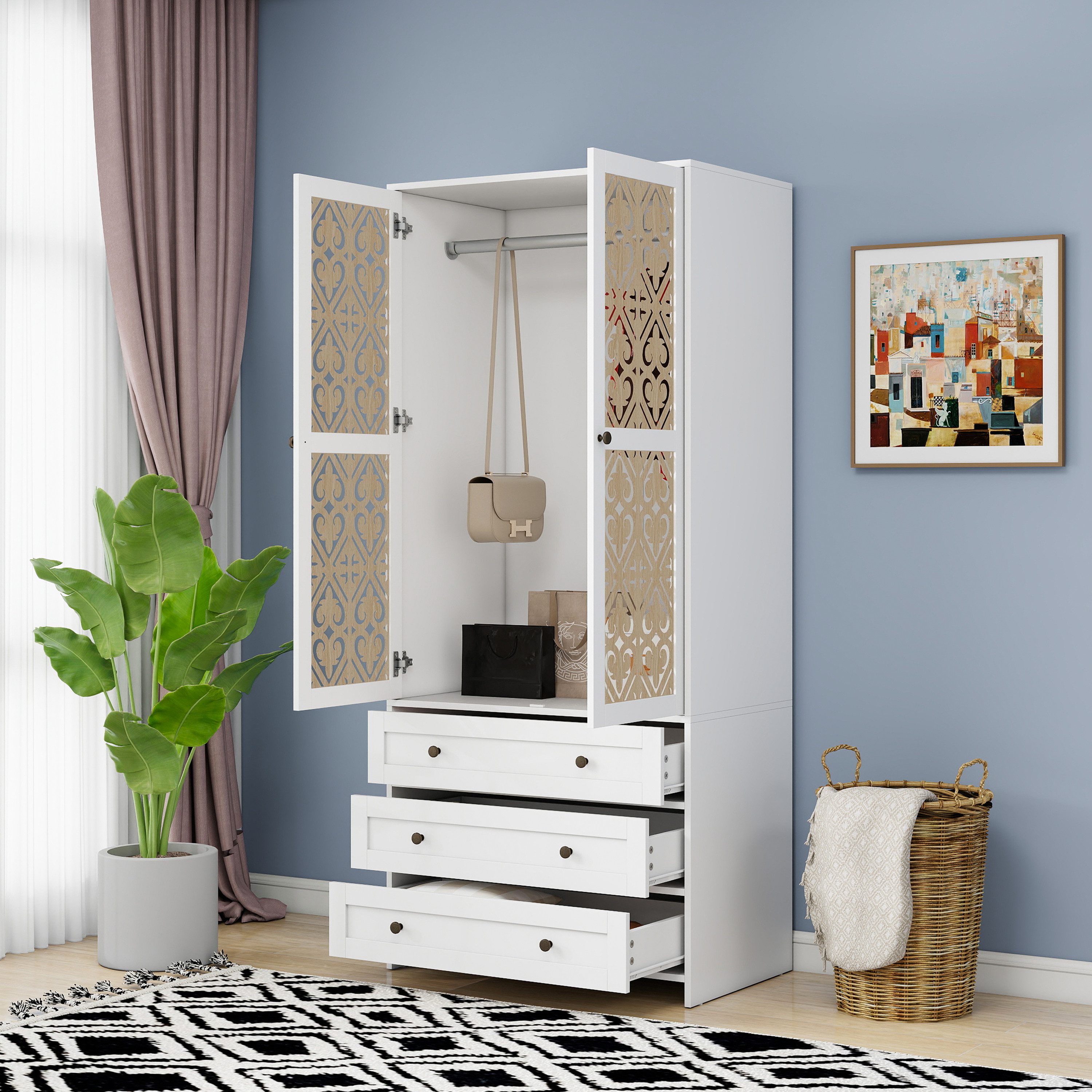 OKWISH Kleiderschrank Garderobe Garderobenschrank (mit Schnitzmuster günstig online kaufen