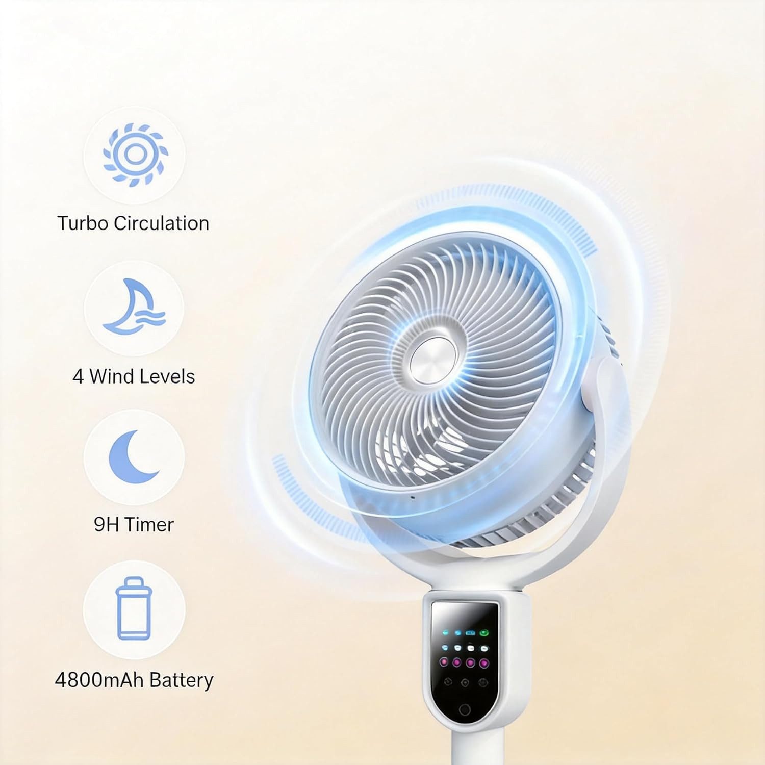MOPUEA Standventilator Turmventilator LED Display 4 Windstufen Mini Ventilator 3D-Oszillation, Timer und Fernbedienung USB Tischventilator Leiser Umluftventilator