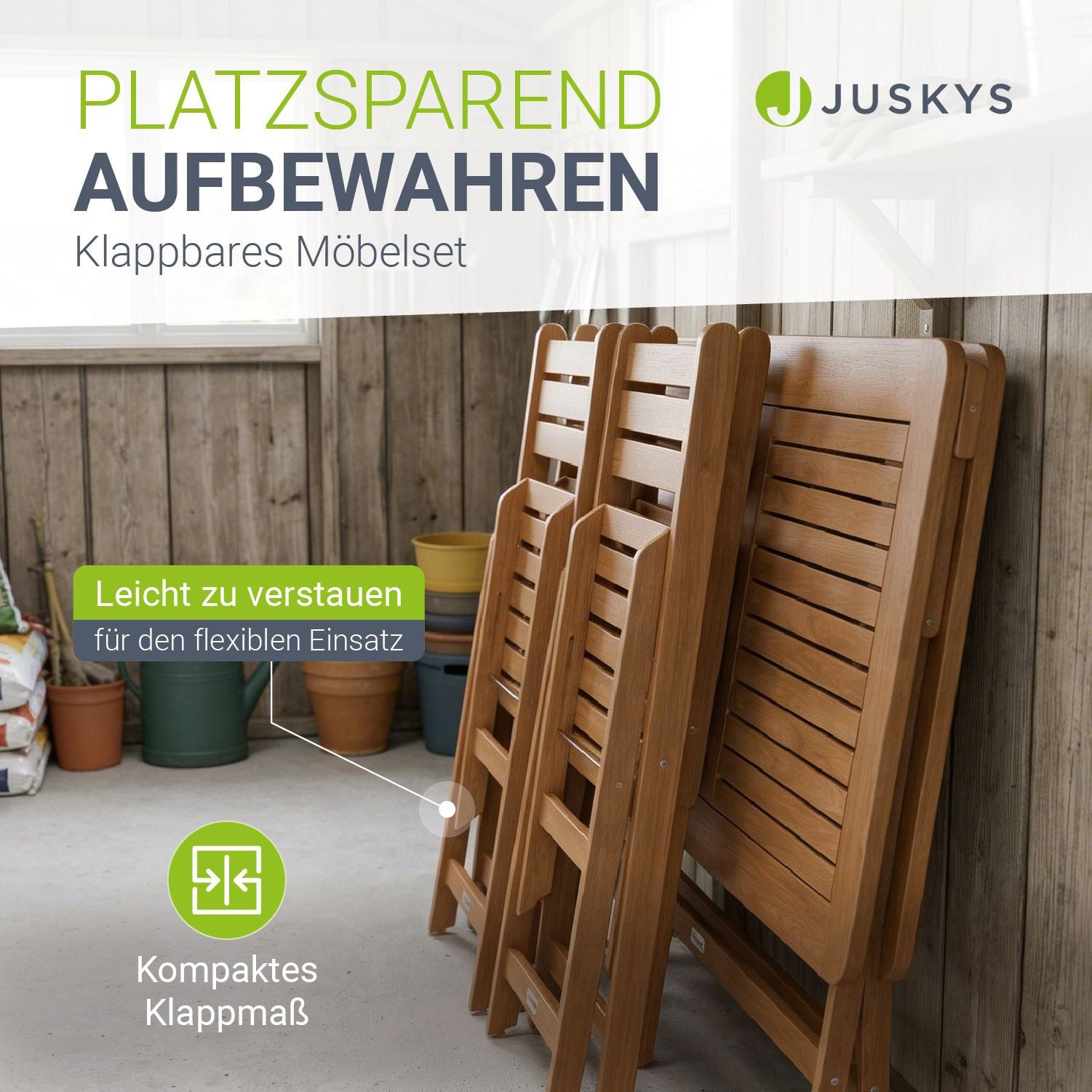 Juskys Essgruppe Rimini, (5-tlg., 4x Stühle. 1x Tisch), 4 Stühle & Tisch, klappbar, aus Akazienholz, geölt & wetterfest