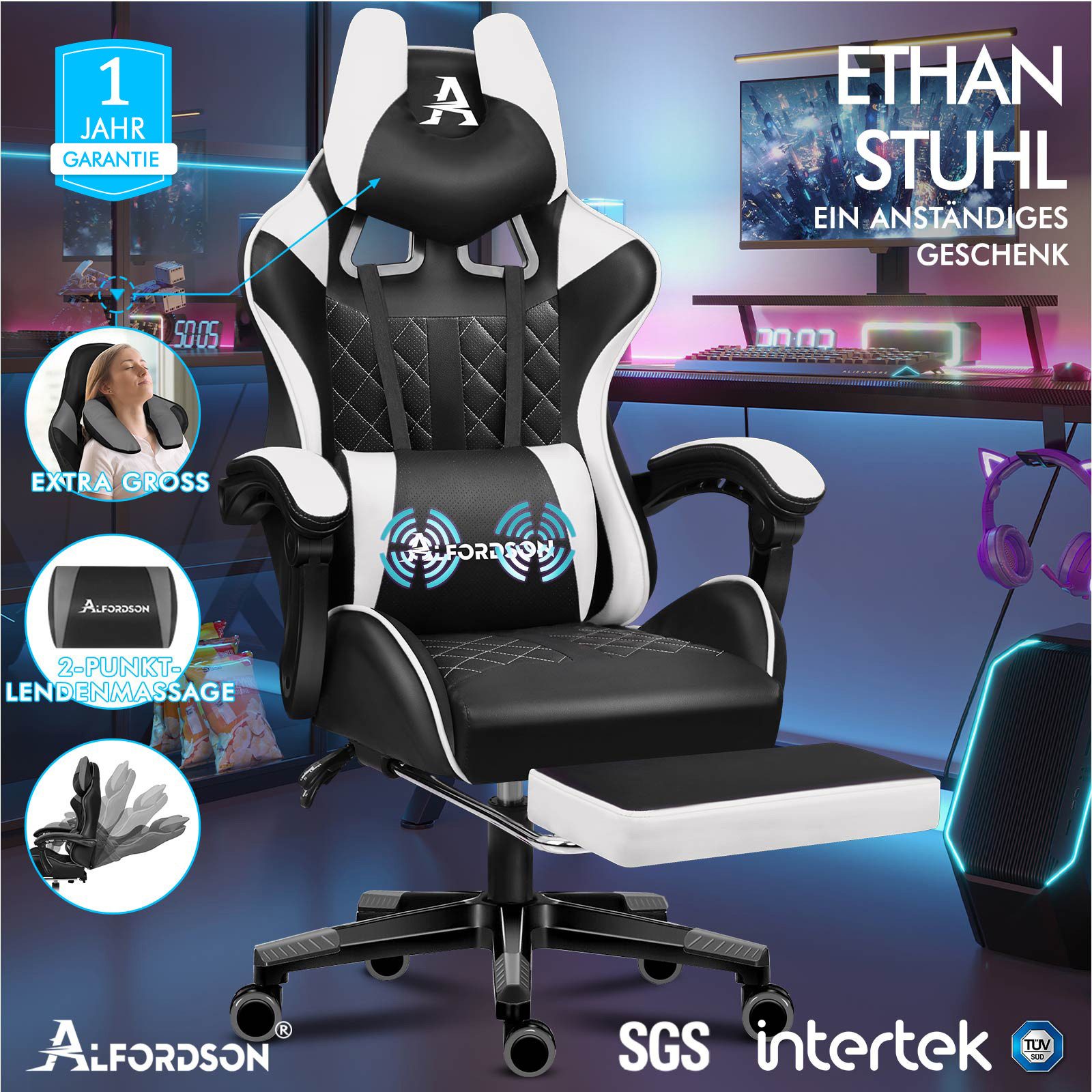 ALFORDSON Gaming-Stuhl Bürostuhl, Integrierte Fußstütze, mit Lendenwirbelki günstig online kaufen