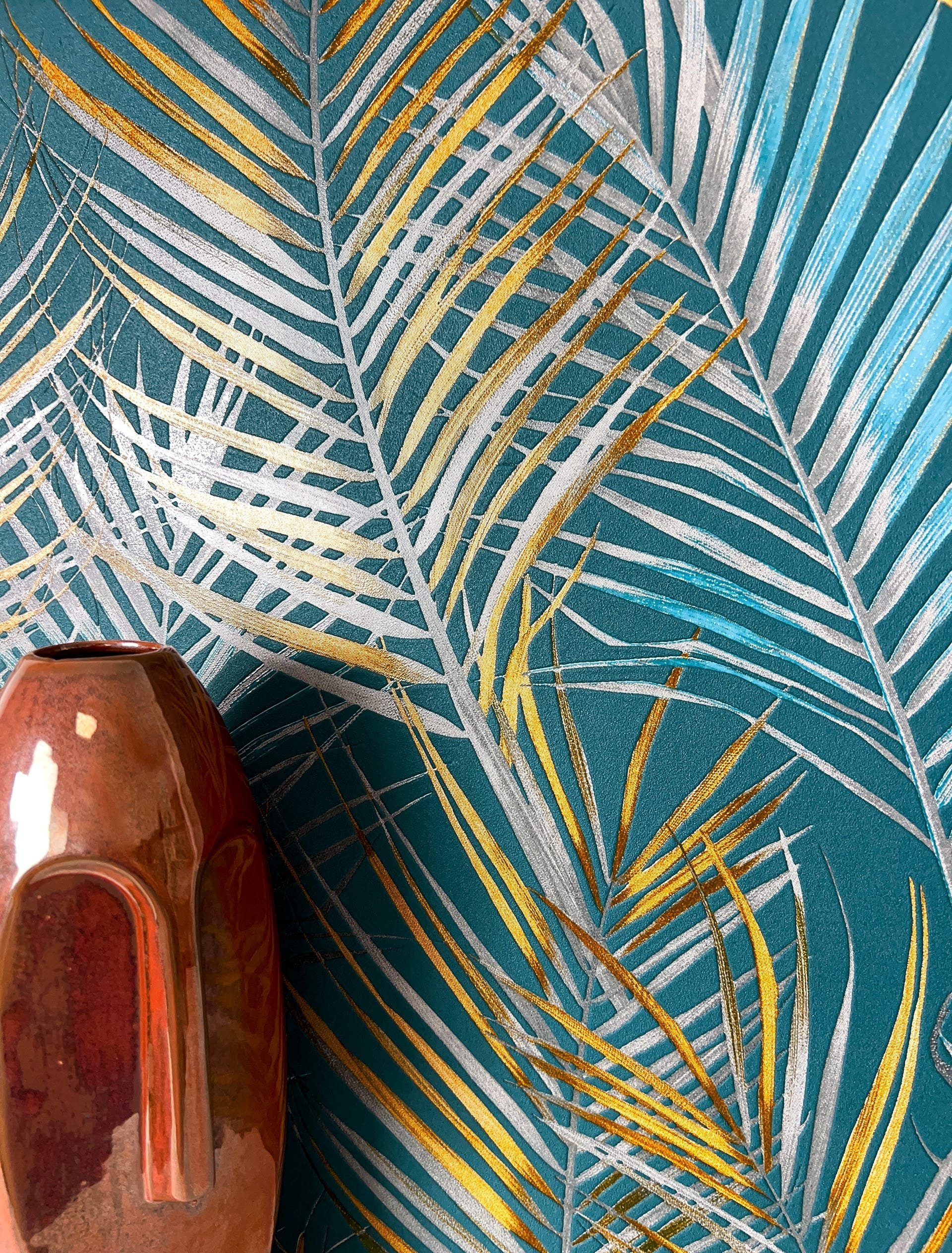 Newroom Vliestapete, Petrol Tapete Modern Dschungel - Mustertapete Blumentapete Blau Gelb Tropisch Floral Palmen Blätter für Wohnzimmer Schlafzimmer Küche