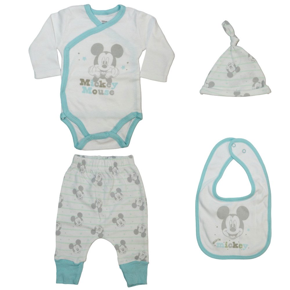 Strampler Mickey Maus Baby 4 tlg Set Body Hose Lätzchen Mütze