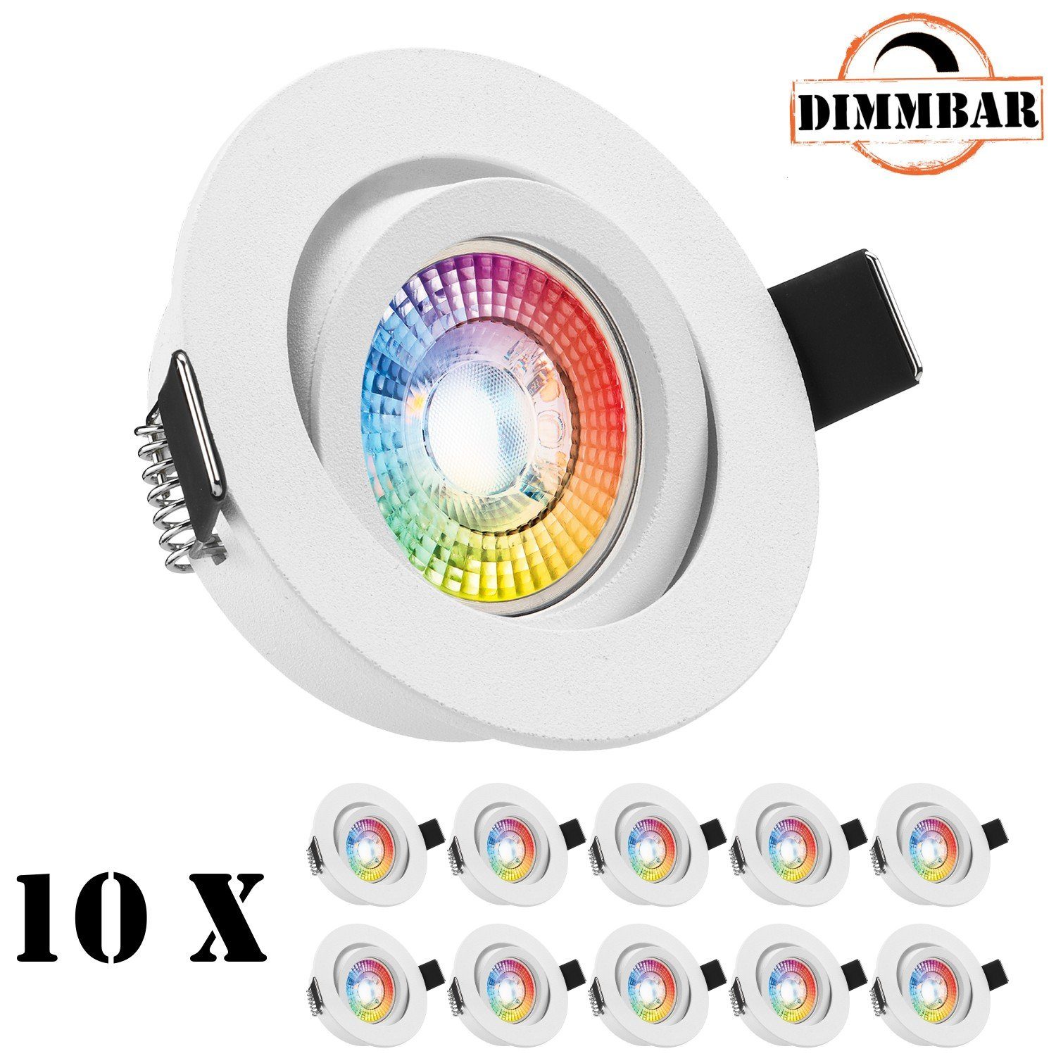 LEDANDO LED Einbaustrahler 10er RGB LED Einbaustrahler Set extra flach in  weiß matt mit 3W LED vo, 10x Alu-Einbaustrahler weiß matt, 30° schwenkbar