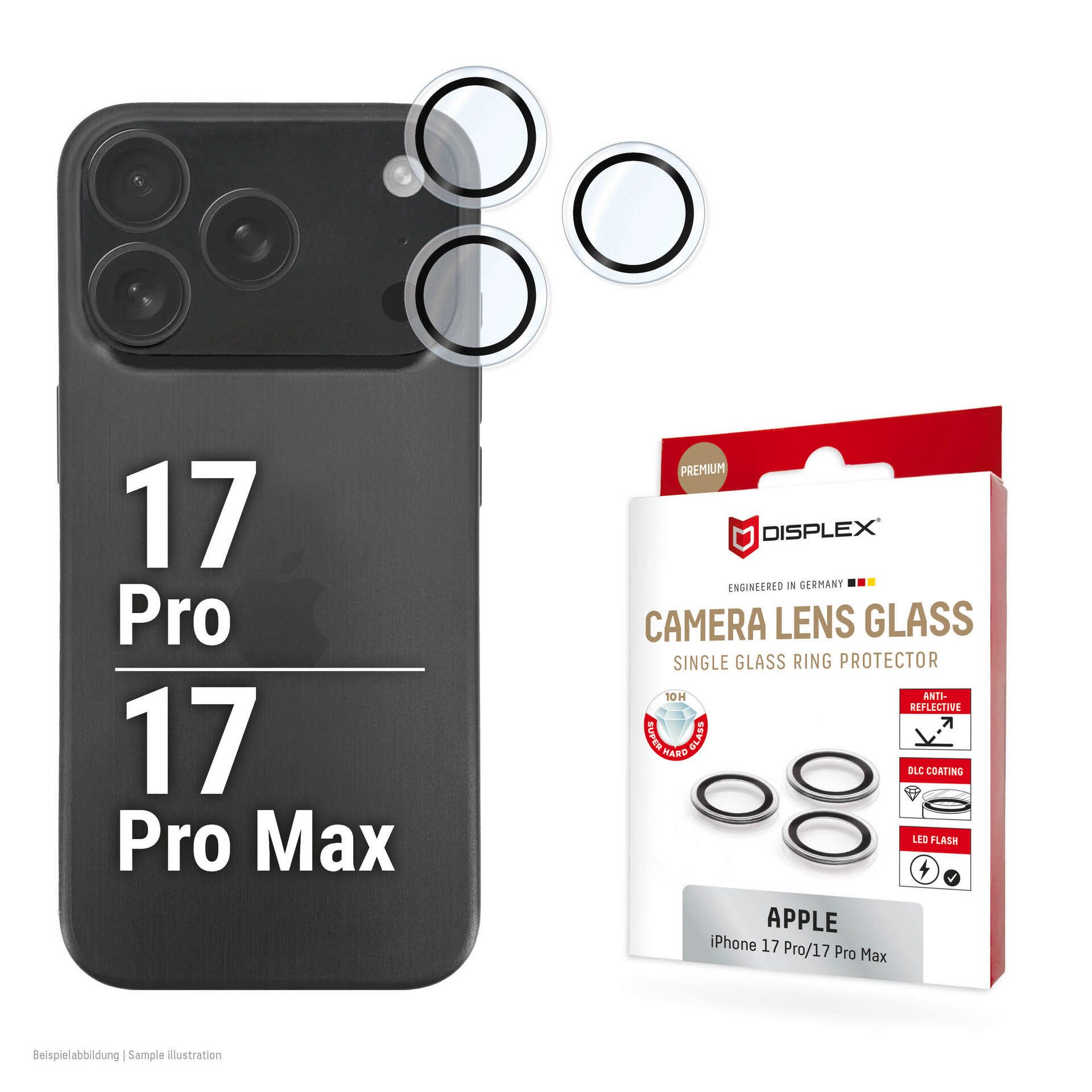 Displex Kameraschutzglas Camera Lens Glass Single Glass Ring Protector für Apple iPhone 17 Pro, Apple iPhone 17 Pro Max, Kameraschutz,Linsenschutz,Objektivschutz, kratz- & stoßfest