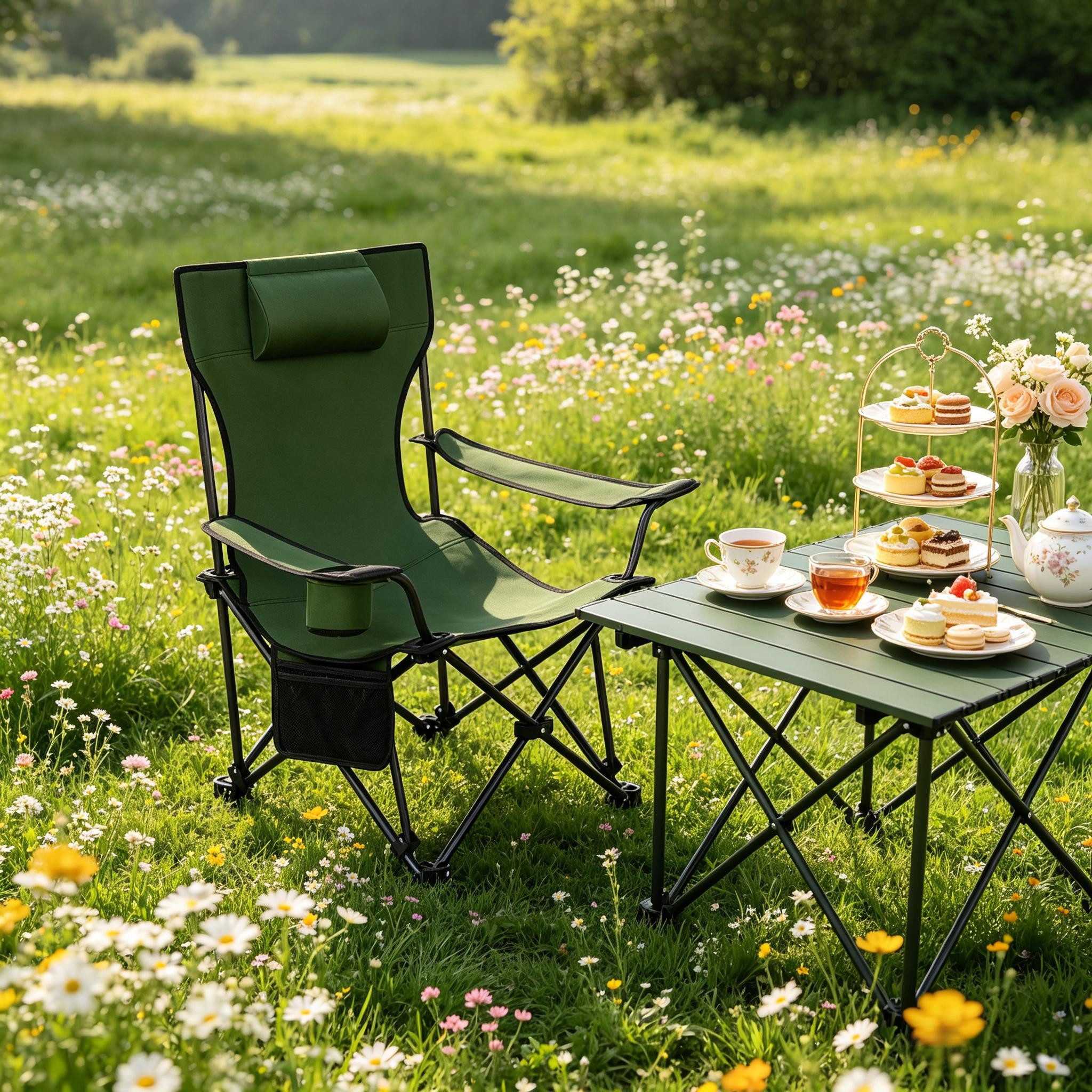 CHICFURN Campingstuhl Angelstuhl mit ausziehbarer Fußlehne und ergonomischem Sitz (Packung, 1 St), Tragbarer Freizeitstuhl für Wandern und Outdoor, Grün