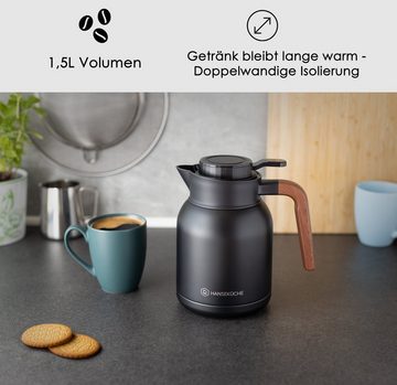 Hanseküche Kaffeekanne Thermoskanne (1,5L) aus hochwertigem 304 Edelstahl, 1.5 l, (Thermoskanne, inkl. einfachen Drehverschluss), Doppelwandige Isolierung, Tropffreies Ausgießen