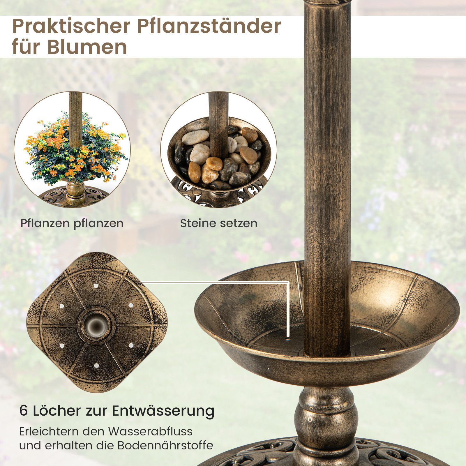 KOMFOTTEU Vogeltränke Vogelbad Vogelfutterhaus, mit Blumentopf & Solar Leuchten
