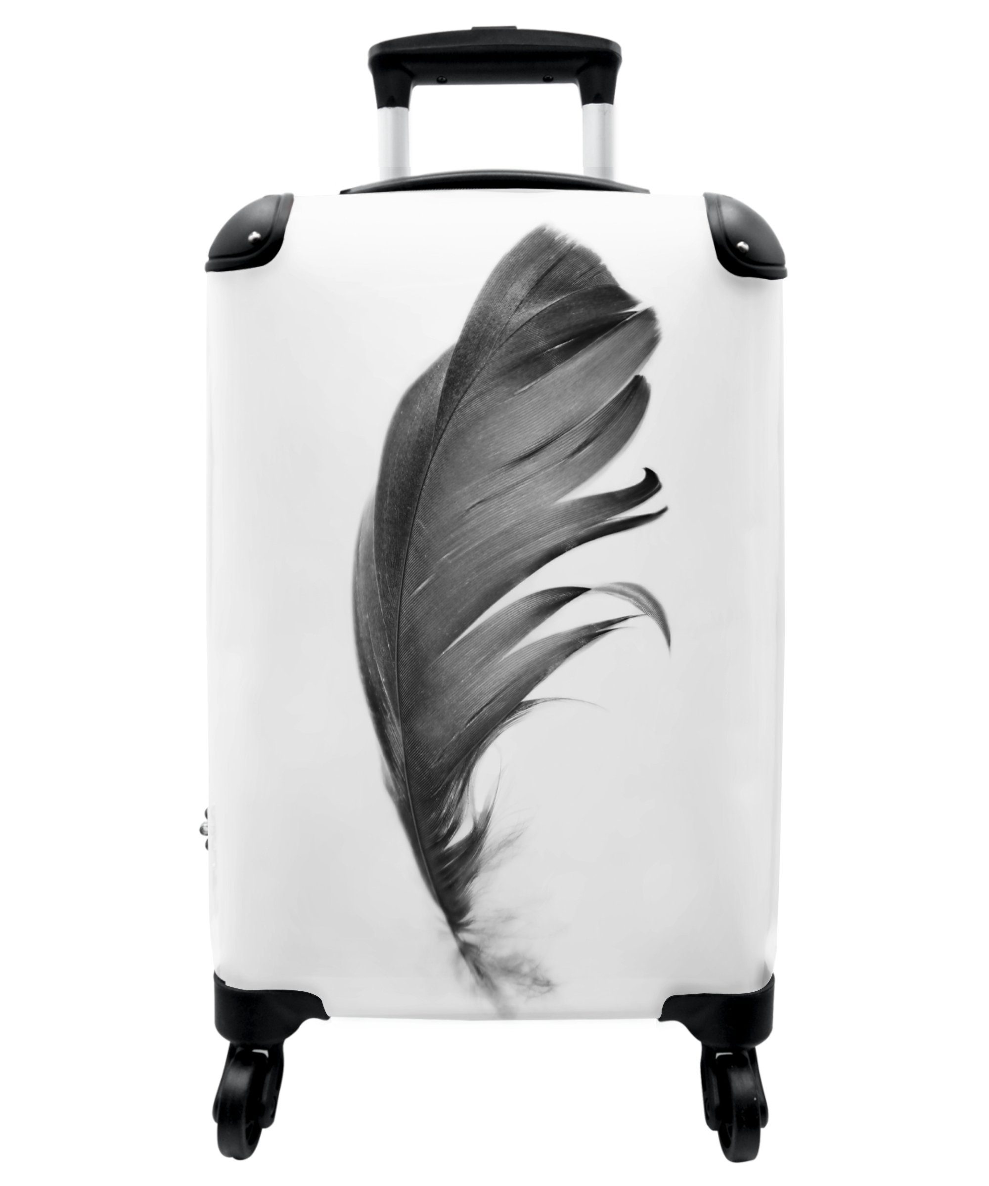 NoBoringSuitcases.com© Handgepäckkoffer 55x35x20cm Feder - Schwarz - Weiß - Natur, 4 Rollen, Handgepäck Trolley Rollkoffer Kleine Reisekoffer mit 4 Rollen - Cabin