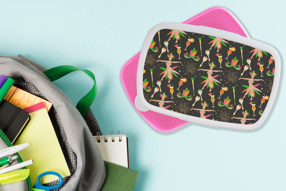 rosa Brasilien Snackbox, Kunststoff für - MuchoWow Muster, Karneval Kinder, Lunchbox - Brotdose Mädchen, (2-tlg), Brotbox Kunststoff, Erwachsene,