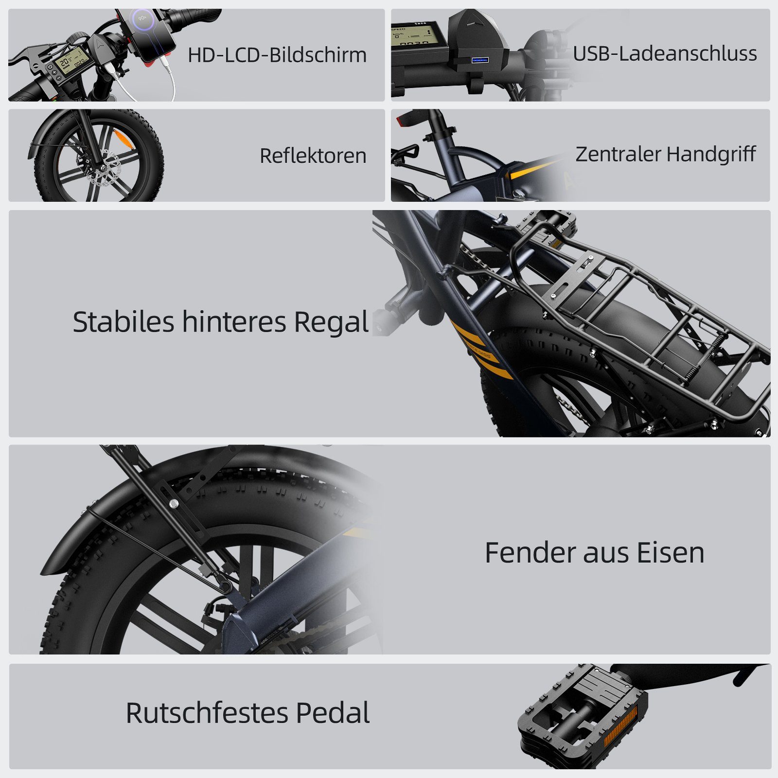 ADO E-Bike Klapprad Pedelec E-Bike 20X4.0 Gang, Gepäckträger, Damen/Herren, 7 Grau Reifen, Kugelschaltung, Fetter +Fingerprint-Schloss/Helm ebike Lampe