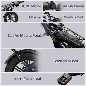 ADO E-Bike Klapprad Pedelec E-Bike 20X4.0 Fetter Reifen, Gepäckträger, 7 Gang, Kugelschaltung, ebike Damen/Herren, Lampe