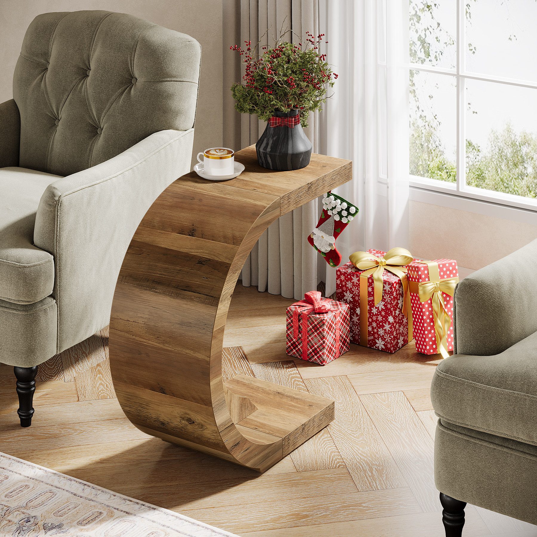 Tribesigns Beistelltisch C-förmiger Beistelltisch, 70 x 30 x 65 cm Kaffeetisch Snacktisch (1 x Beistelltisch - 1 x Zubehörpaket - 1 x Anleitung), Schmaler Nachttisch für Wohnzimmer, Schlafzimmer, Rustikal Braun