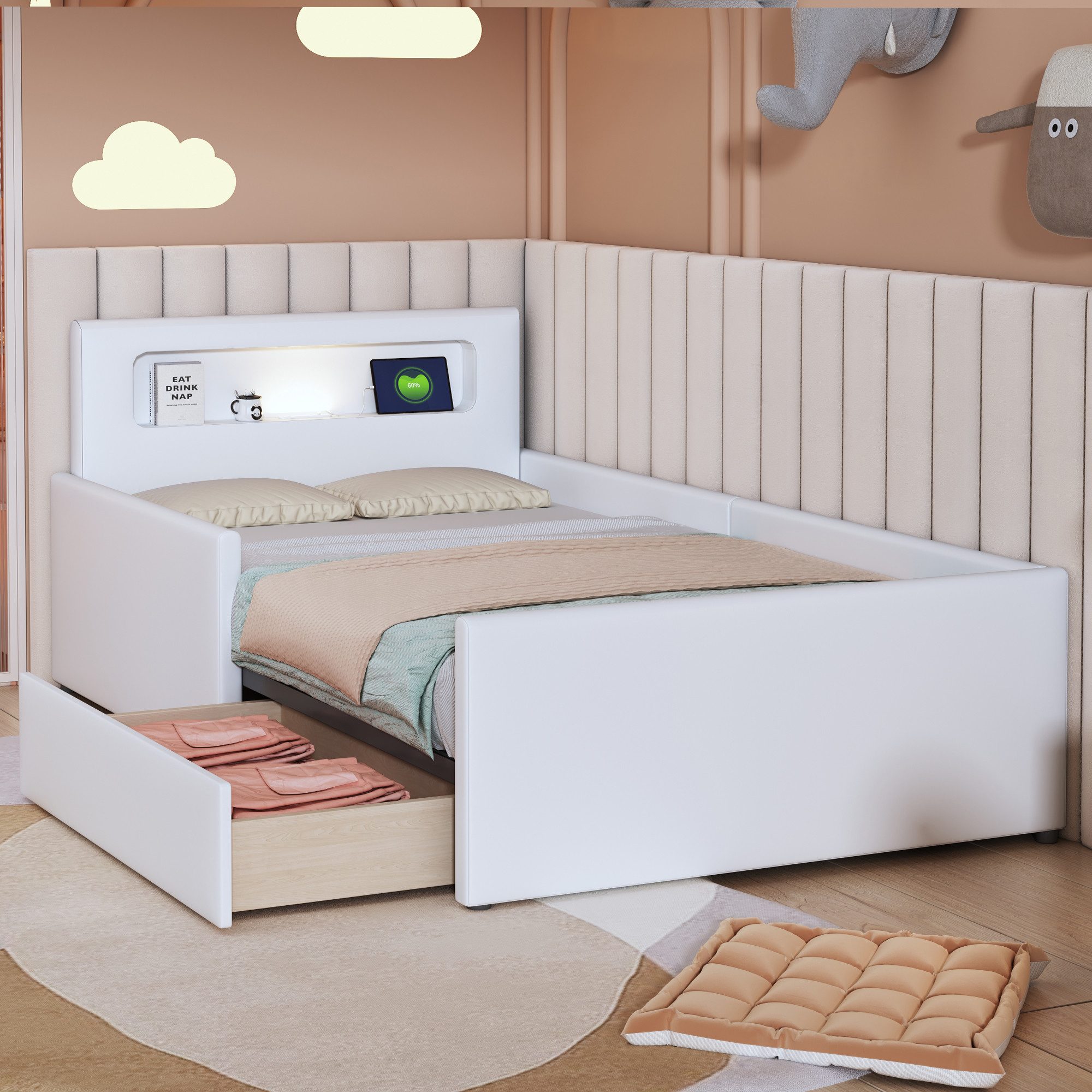 Flieks Polsterbett, Kinderbett 90x200cm mit Schublade, Nachtlicht und USB-Ladeanschluss