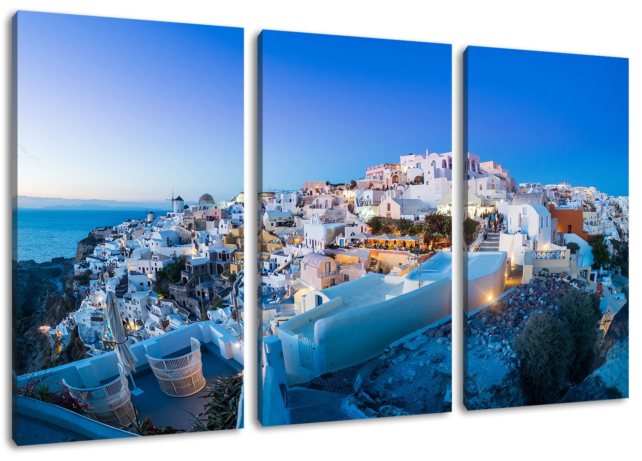 bespannt, Leinwandbild Santorin, Zackenaufhänger Pixxprint Oia Leinwandbild 3Teiler fertig inkl. Dorf (120x80cm) (1 St), Oia Santorin Dorf