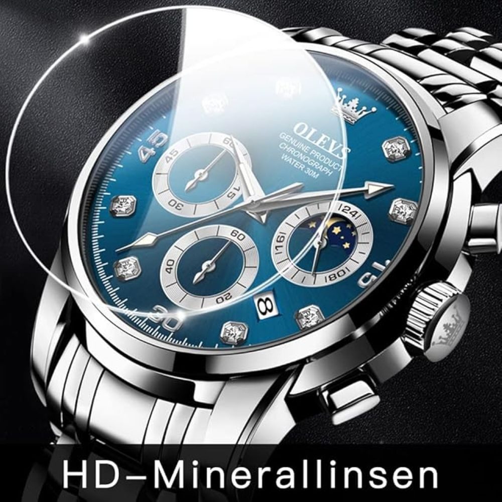 OLEVS Quarzuhr Herrenuhr Olevs Silber/Blau Chronograph Sportlich Edelstahl