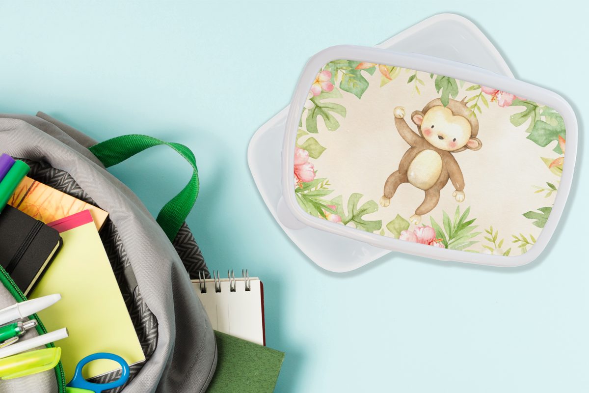 Jungs Mädchen MuchoWow - Kunststoff, und Affe und Brotbox Blumen für für Aquarell, weiß Erwachsene, Lunchbox - (2-tlg), Kinder Brotdose,