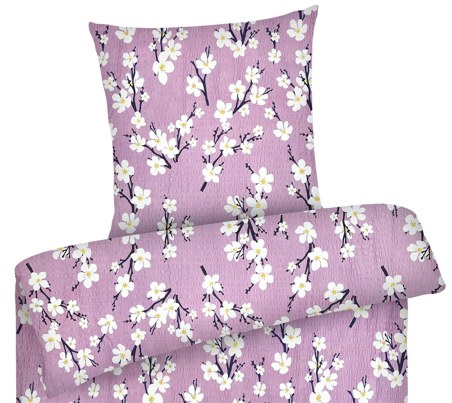 Carpe Sonno Bettwäsche Seersucker 135x200 Sommer Bettbezug kühlend Blume Baumwoll Grau Rosa, Seersucker, 2 teilig, Kühlende Bettwaren Bügelfrei Pflegeleicht Floral Kirschblüte Rosa