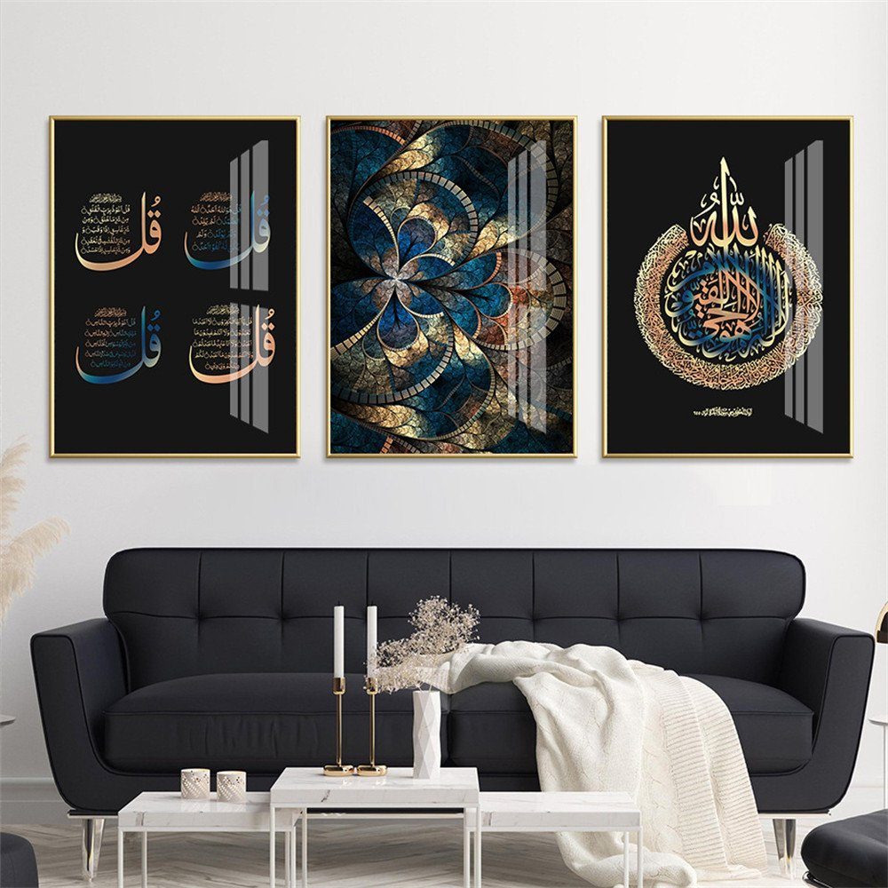 Abstrakte Rahmenlose Dekorative Decor Home Schwarz Bilder, St), Kunst Kunstdruck (3 Gemälde, Wand Geometrische Modern Minimalistisch, Wandkunst, und Gold,