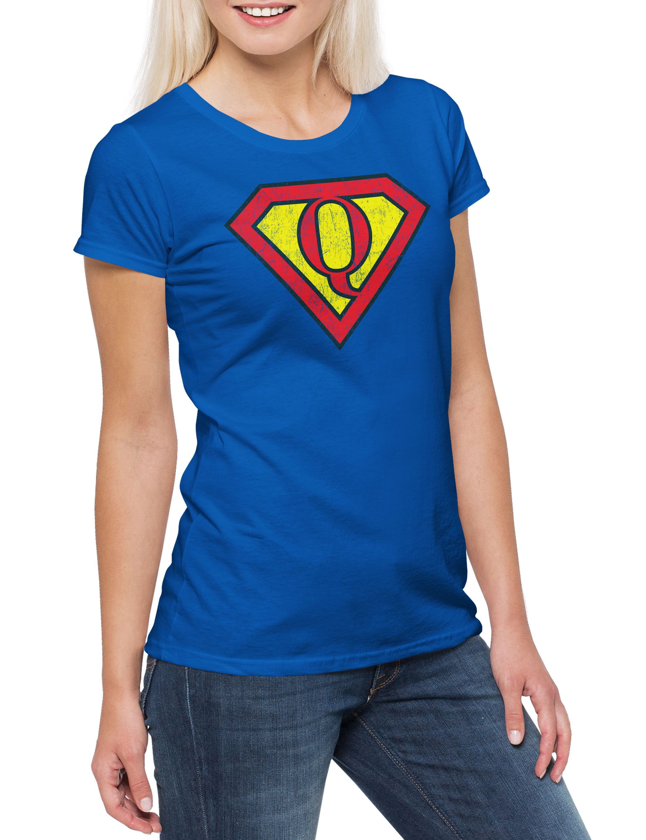 Urban Backwoods Print-Shirt Super Q Damen T-Shirt Buchstabe Initialen Vorname Nachname Man (1-tlg) Fasching Karneval Kostüm Costume