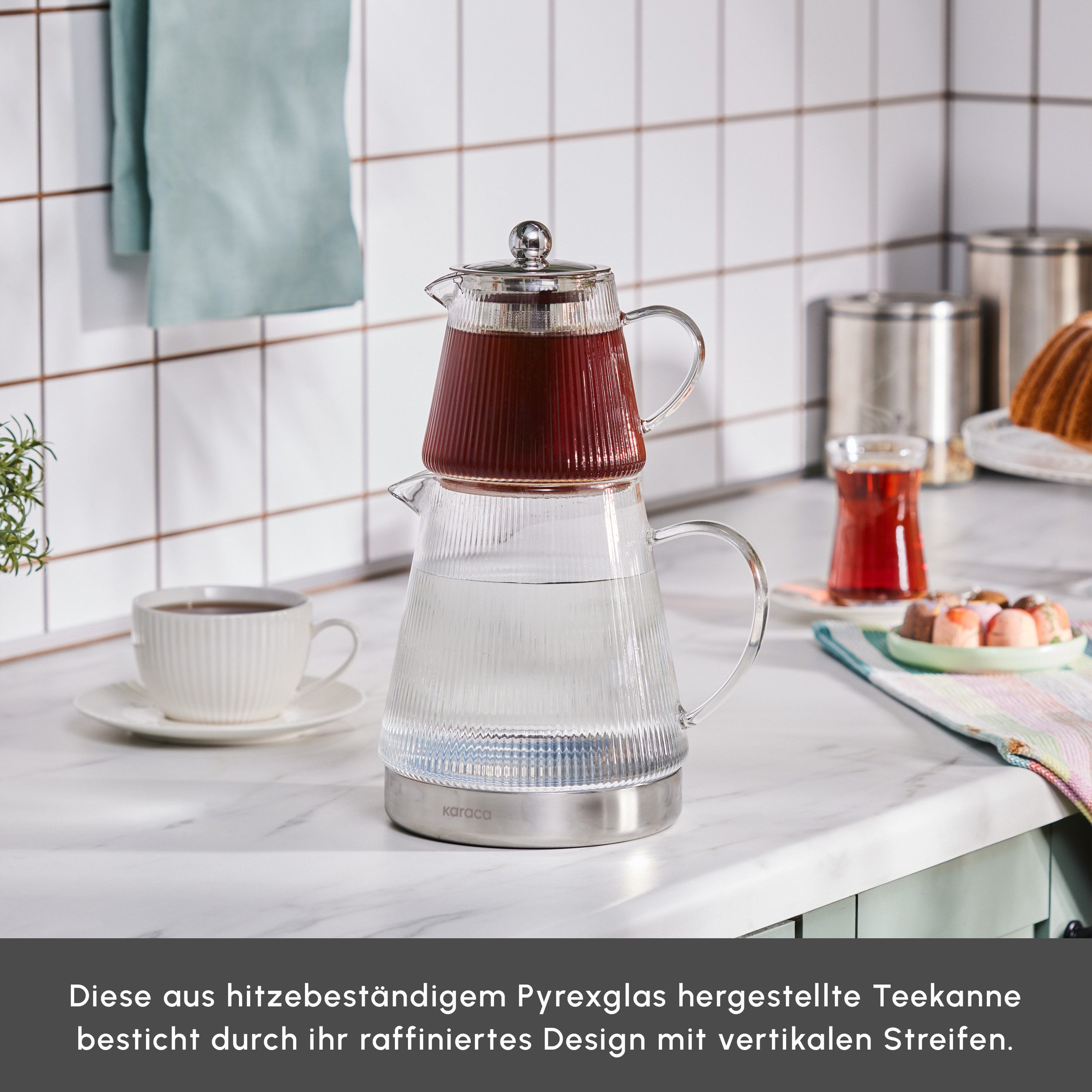 Karaca Teekanne Karaca Keops XL Borosilikat Glas-Teekannen-Set, 1.95L, Silber-Design, 450 l, (2-St), Induktionsgeeignet, elegantes Design