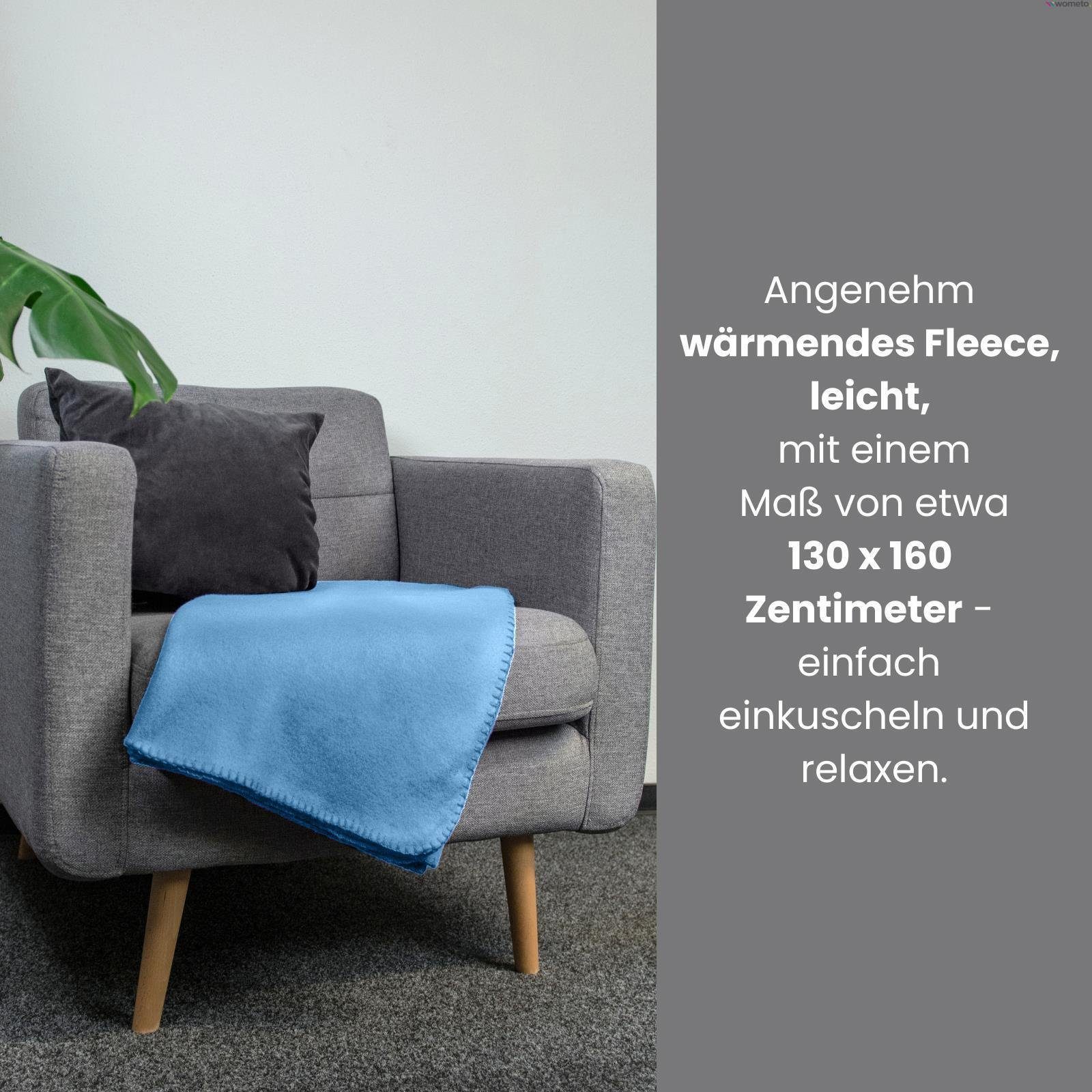 blau mit Fleecedecken) Kettel-Einfassung Polar-Fleece, & (3er Anti-Pilling Set wometo, Wohndecke