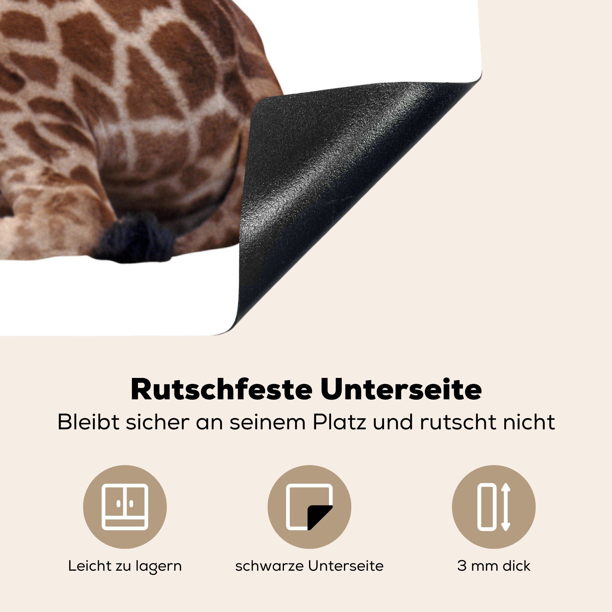 für MuchoWow Arbeitsplatte (1 tlg), küche weißem auf 78x78 Hintergrund, Baby-Giraffe Ceranfeldabdeckung, Vinyl, cm, Herdblende-/Abdeckplatte