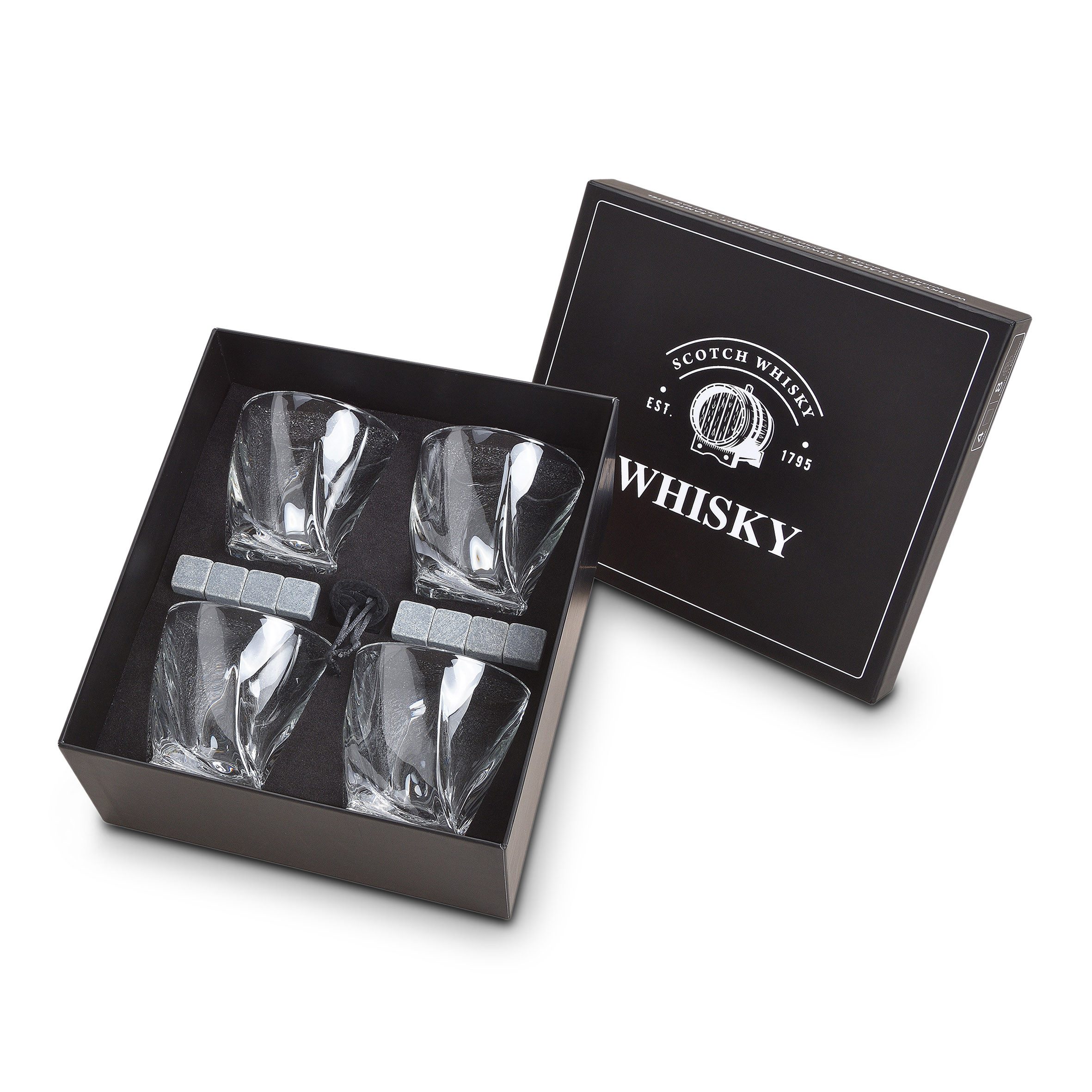 Woma Whiskyglas Whisky Glas Geschenk Set aus Kristallglas - 13-teilig, Kristallglas / Basalt, 4er Trinkglas Set mit 8x Basalt Kühlsteinen und Samtbeutel
