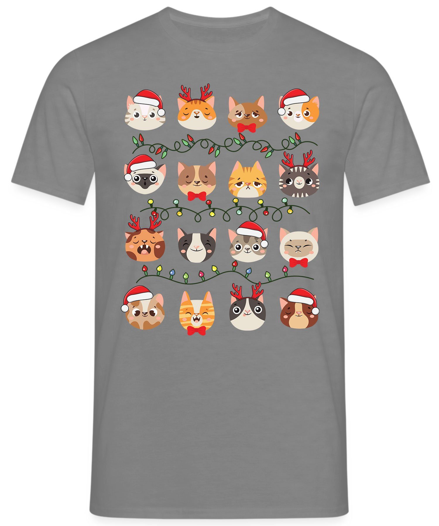 Quattro Formatee Kurzarmshirt Lichterkette Herren - Weihnachten Katzen (1-tlg) X-mas Grau T-Shirt Christmas Heather