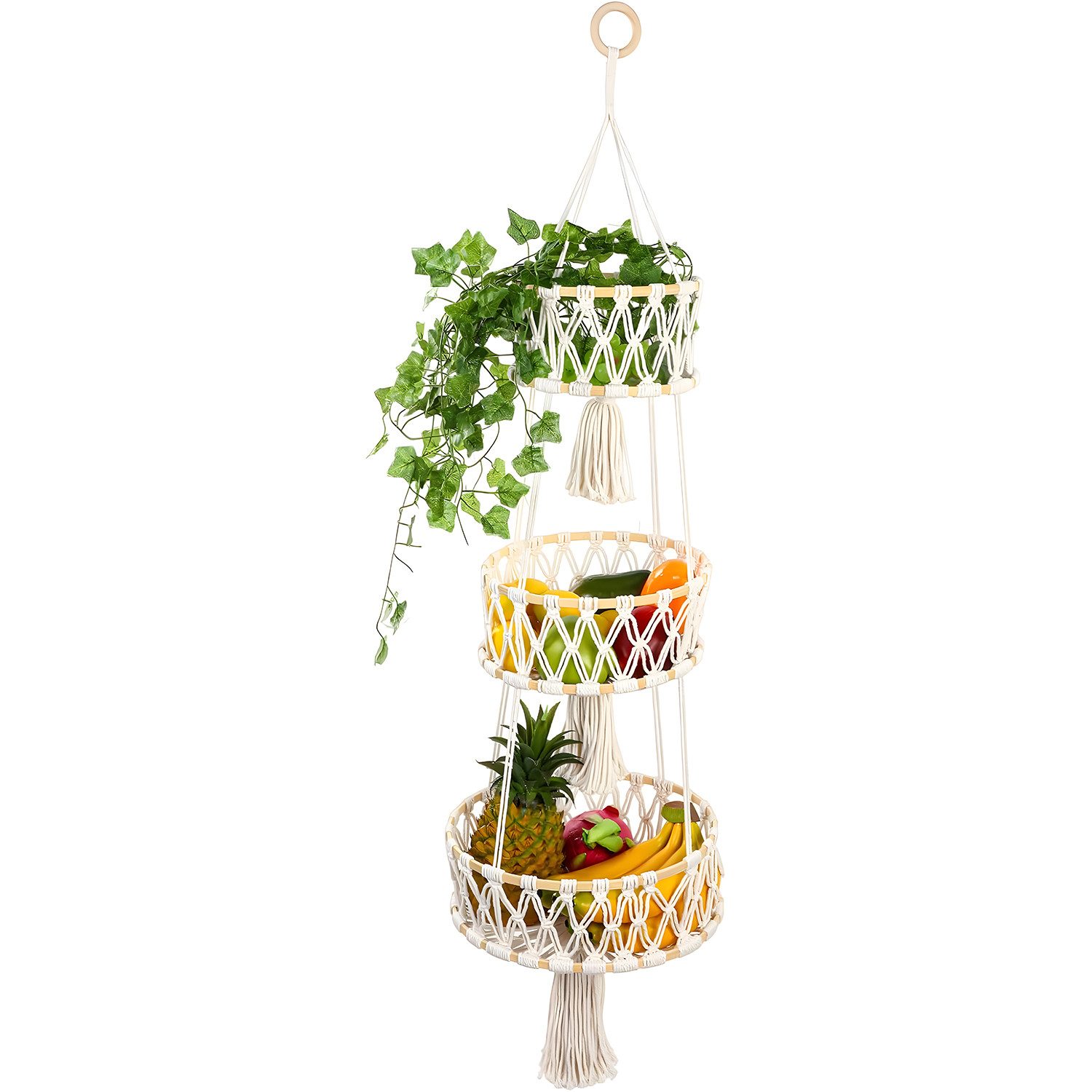 HEYHIPPO Aufbewahrungskorb Hängender Aufbewahrungskorb 3-stöckig – Boho-Design, 110 cm, für Bad (Handgeflochtener Baumwoll-Aufbewahrungskorb mit Bambusring &Netzdesign), Wandobstkorb aus Baumwolle – hängend, beige, für Küche & Wohnzimmer