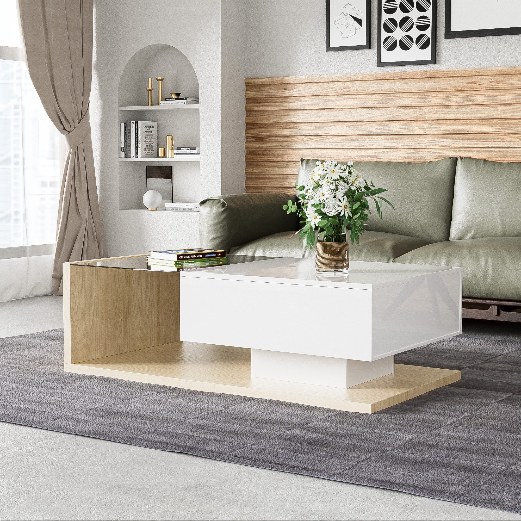 MODFU Couchtisch Beistelltische (Wohnzimmertisch, 1-St., 105*55*32,5cm), mit Glastischplatte, Schublade und 16-farbigen variablen LED-Leuchten