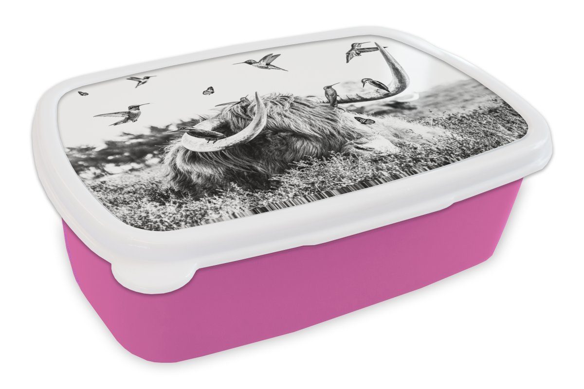 MuchoWow Lunchbox Schottischer Highlander - Vogel - Schwarz - Weiß, Kunststoff, (2-tlg), Brotbox für Erwachsene, Brotdose Kinder, Snackbox, Mädchen, Kunststoff rosa