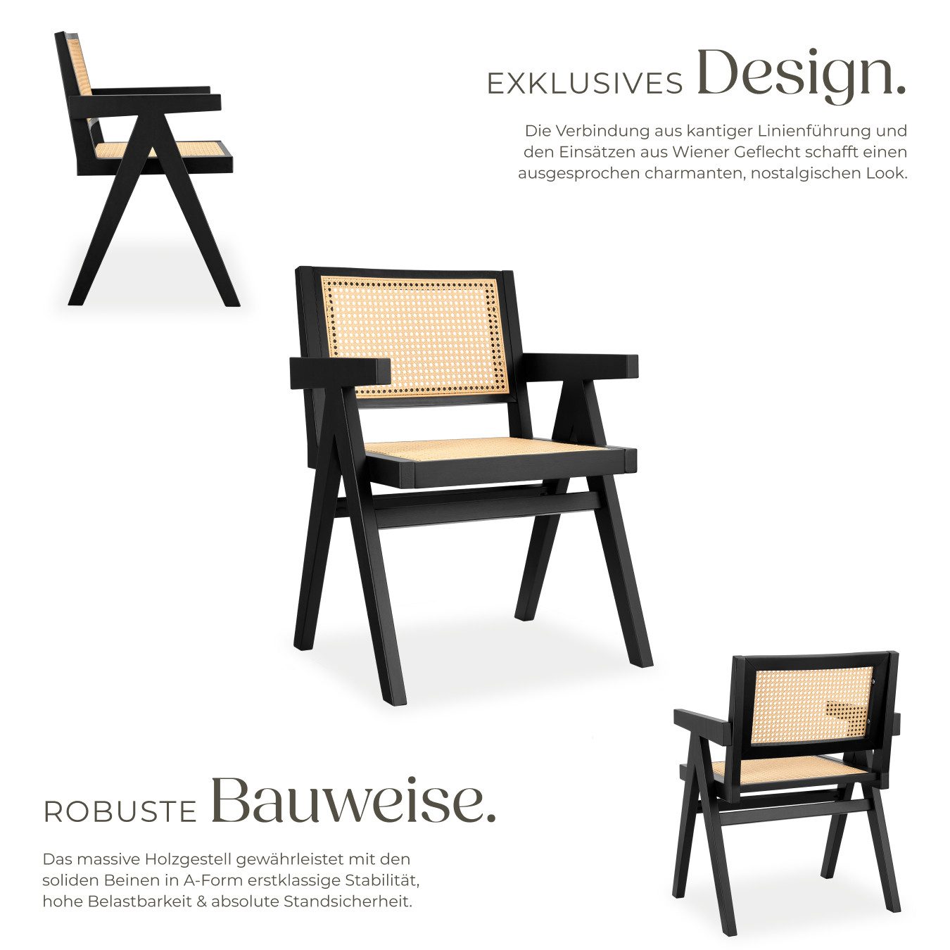 tectake Esszimmerstuhl Armlehnstuhl im Boho-Stil, 59 x 56,5 x 82,5 cm, Belastbarkeit 120 kg (Sessel Lissy in schwarz, 1 St), große Rückenlehne und Sitzfläche mi – Bild 3 von 5