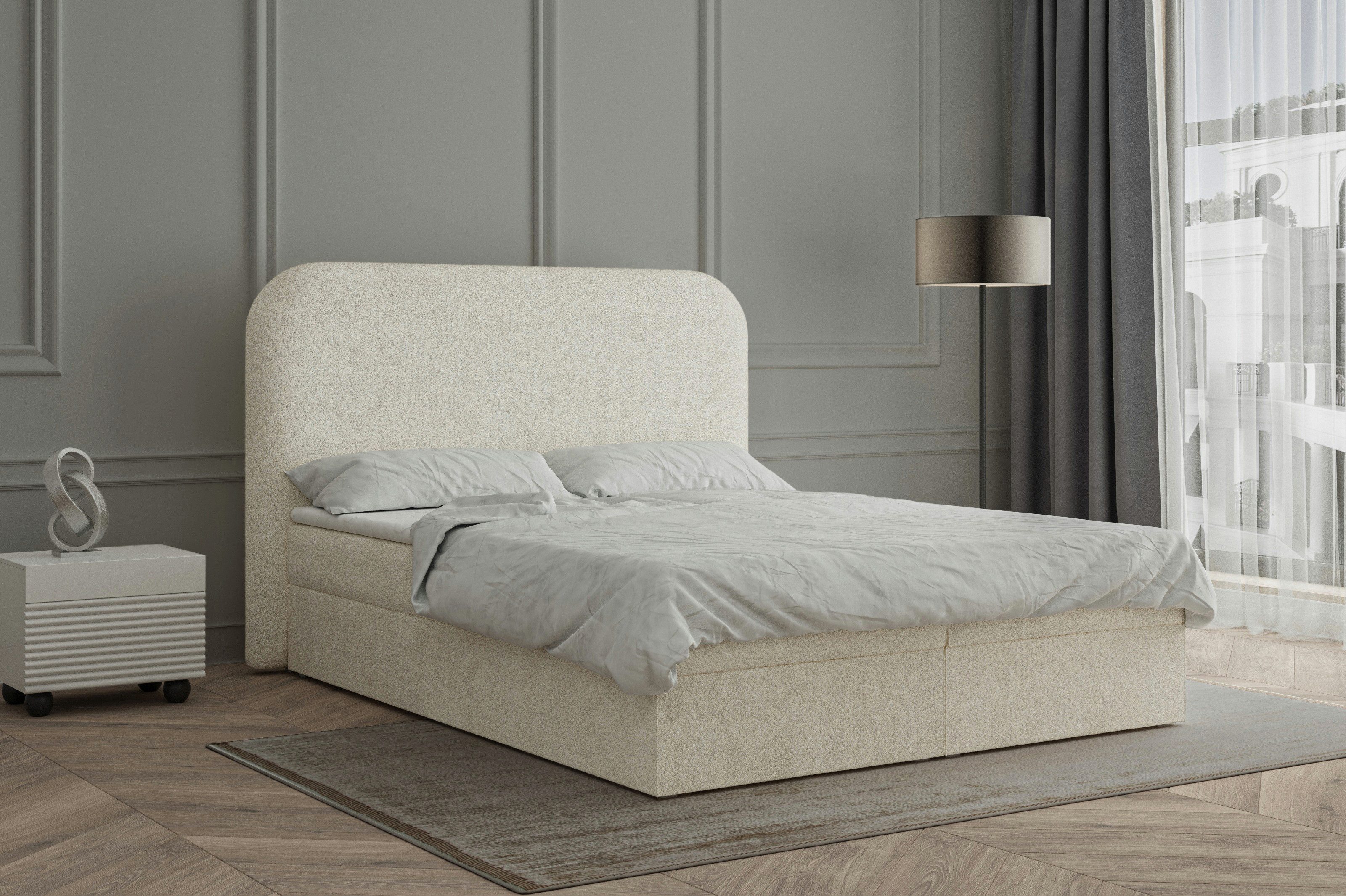 MOEBLO Boxbett Bett 07 aus Bouclé (Kontinentalbett mit Bonell-Federkern, Topper, Bettkasten, gepolstertem Kopfteil, Boxspring, Polsterbett Kontinentalbett), Boxspring, (BxHxT):158/178/198x120x214cm