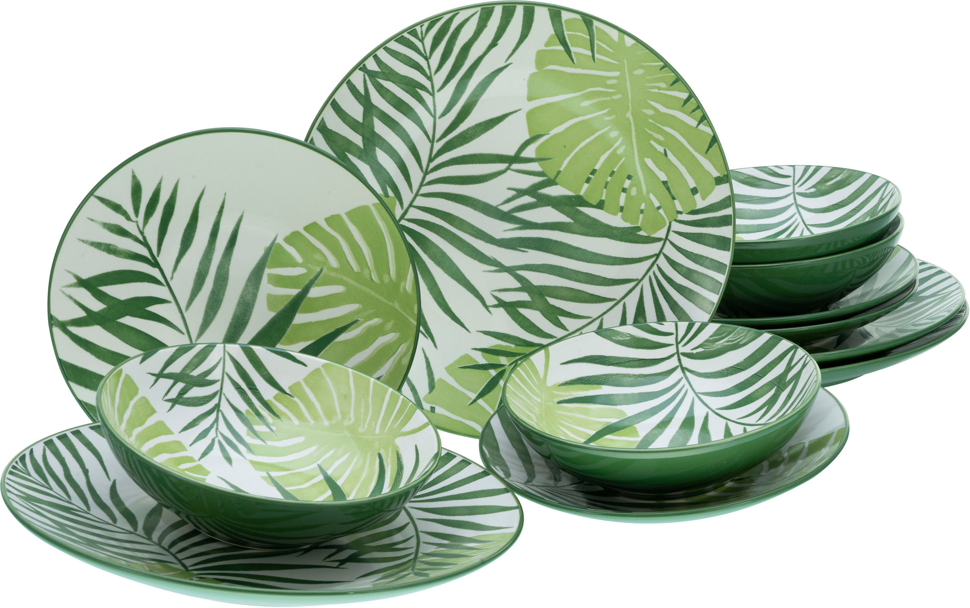 coolem Tropicana Dekor Teller-Set vollflächiger Personen, Steinzeug, Grün Mix Blätter in Green tropischer CreaTable 4 (12-tlg),