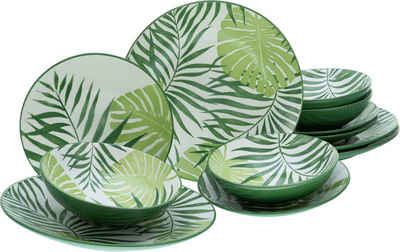 CreaTable Teller-Set Tropicana Grün (12-tlg), 4 Personen, Steinzeug, vollflächiger tropischer Blätter Dekor in coolem Green Mix