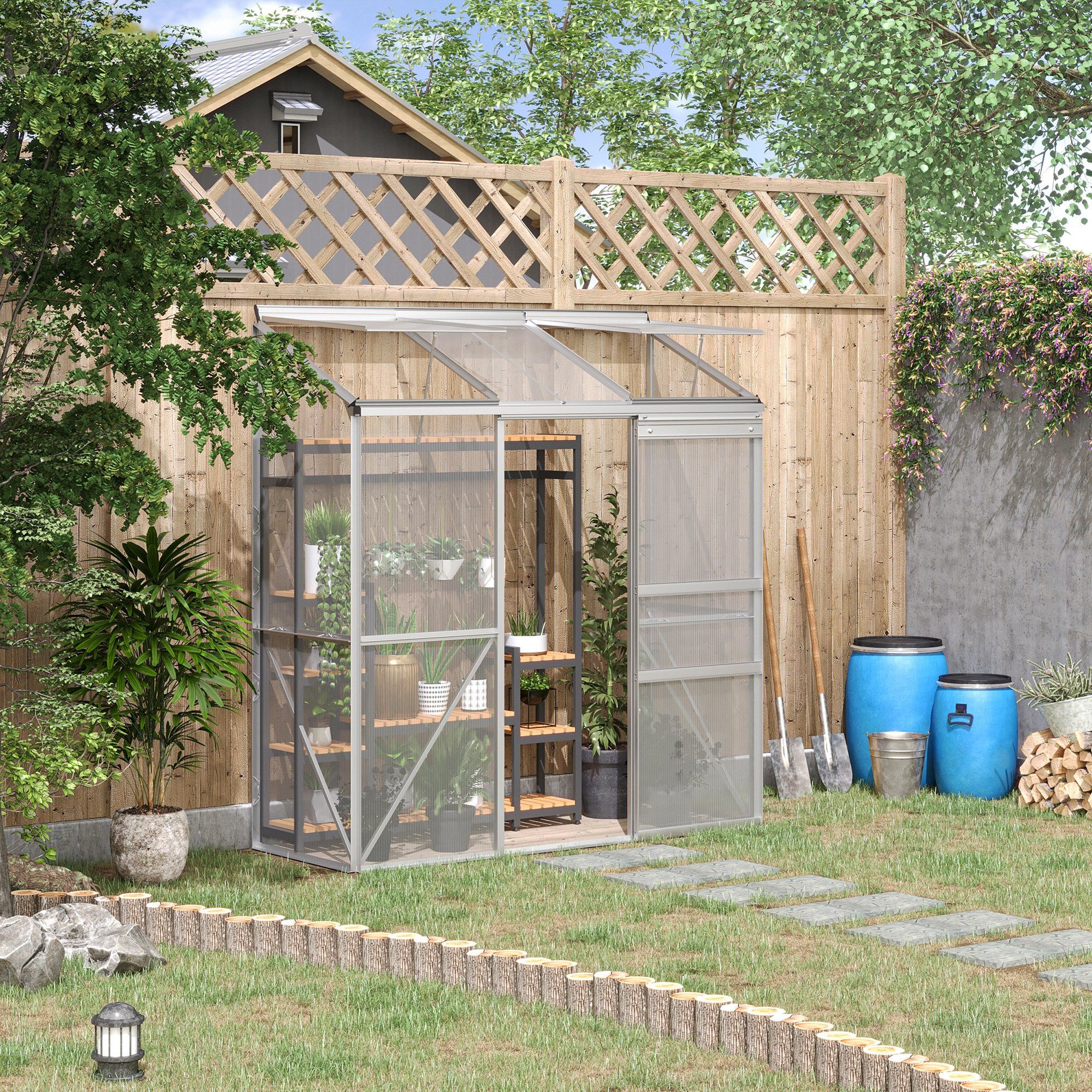Outsunny Gewächshaus Pflanzenhaus Garten mit Schiebetür, Aufklappbare Dachfenster, BxTxH: 192 x 68 x 196 cm, BxLxH: 68 x 192 x 196 cm, 4 mm Wandstärke, Tomatenhaus 1-St., Treibhaus, aus Polycarbonat, Alu, Silber, 192 x 68 x 196 cm