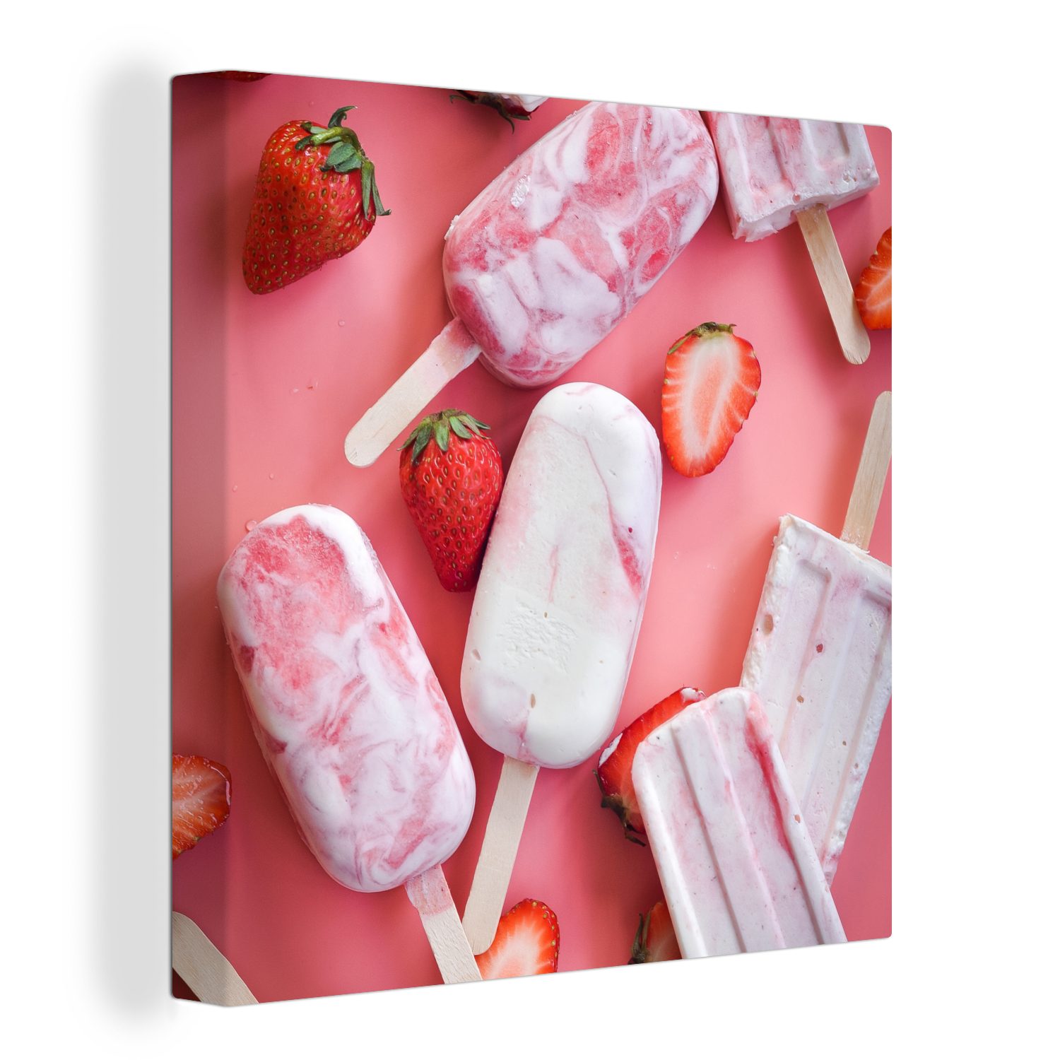 OneMillionCanvasses® Leinwandbild Eis am Stiel mit Erdbeeren, (1 St), Leinwand Bilder für Wohnzimmer Schlafzimmer