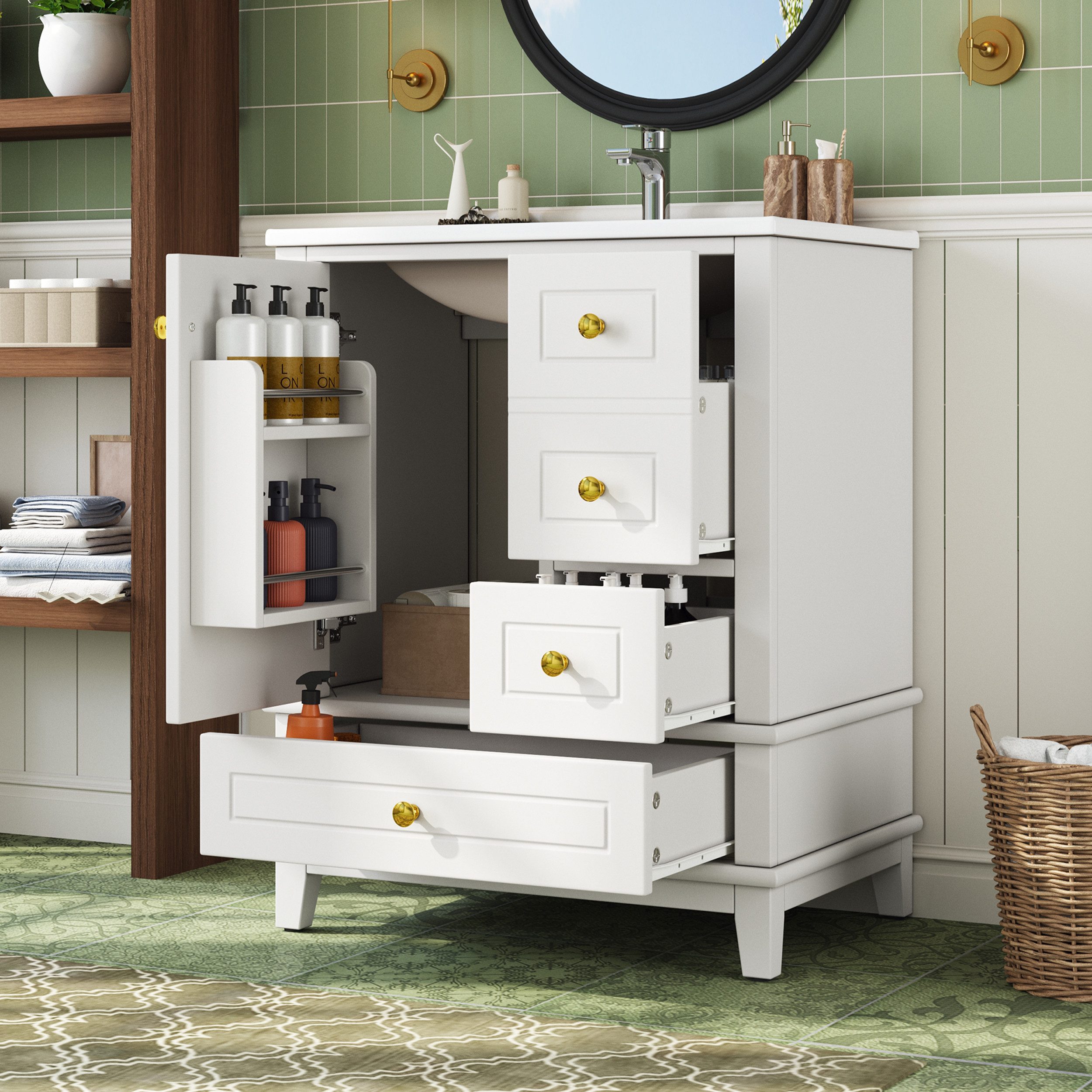 Flieks Waschtisch mit 3 Schubladen und Türregal, Waschbeckenunterschrank mit Waschbecken (B61/T47/H86 cm, 1-St., bodenstehend), Badezimmerschrank mit Keramikbecken, Soft-Close-Funktion Weiß