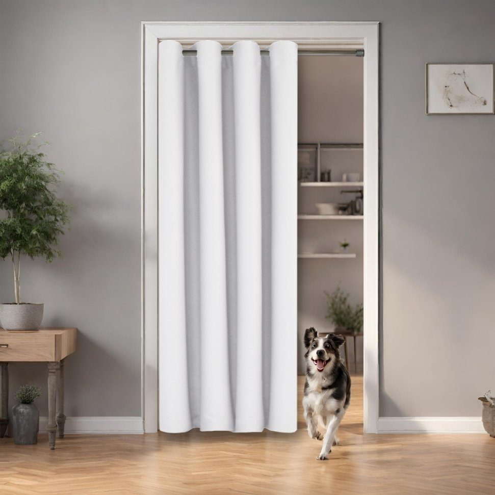 Weiß ohne Türvorhang Ösen, cm Vorhang Thermo Raumtrenner Bohren, abdunkelnd, tinycurtains, Türgardine verdunkelnd 70-120 Purity, Klemmstange Polyester, mit Stange silber mit weiß (Purity) blickdicht,