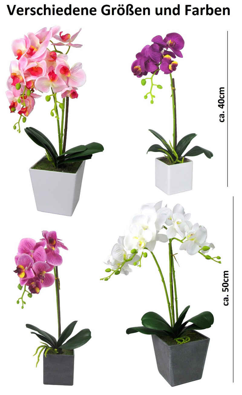 Kunstblume Kunst Orchidee im rechteckigen Topf – Farbecht - Pflegeleicht Orchidee, Ibergarden, Höhe 40 cm, Verschiedene Farben und Größen