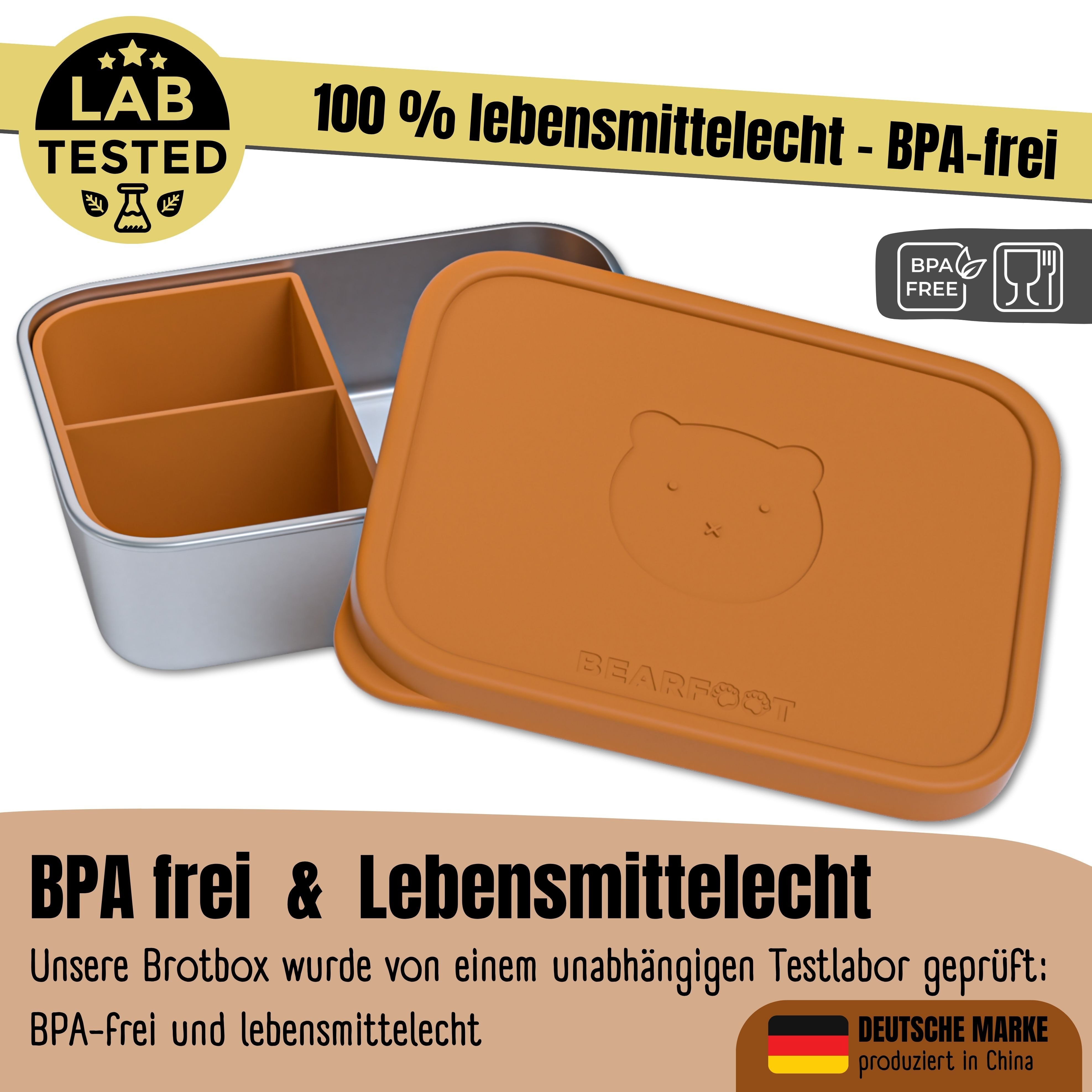 BEARFOOT Lunchbox Brotdose Kinder Edelstahl mit Silikoneinsatz - Braun, Kindergarten und Schule - Mädchen und Jungen, Vesperbox, Snackbox