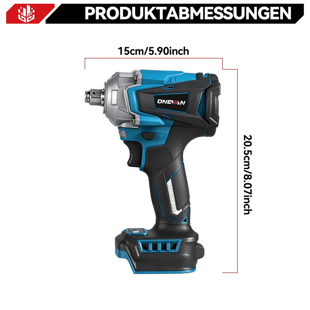 ONEVAN Akku-Schlagschrauber 1/2 Zoll Bürstenloser Motor, 1200Nm Drehschlagschrauber, mit einstellbarem Drehmoment und 2xLithium Batterien