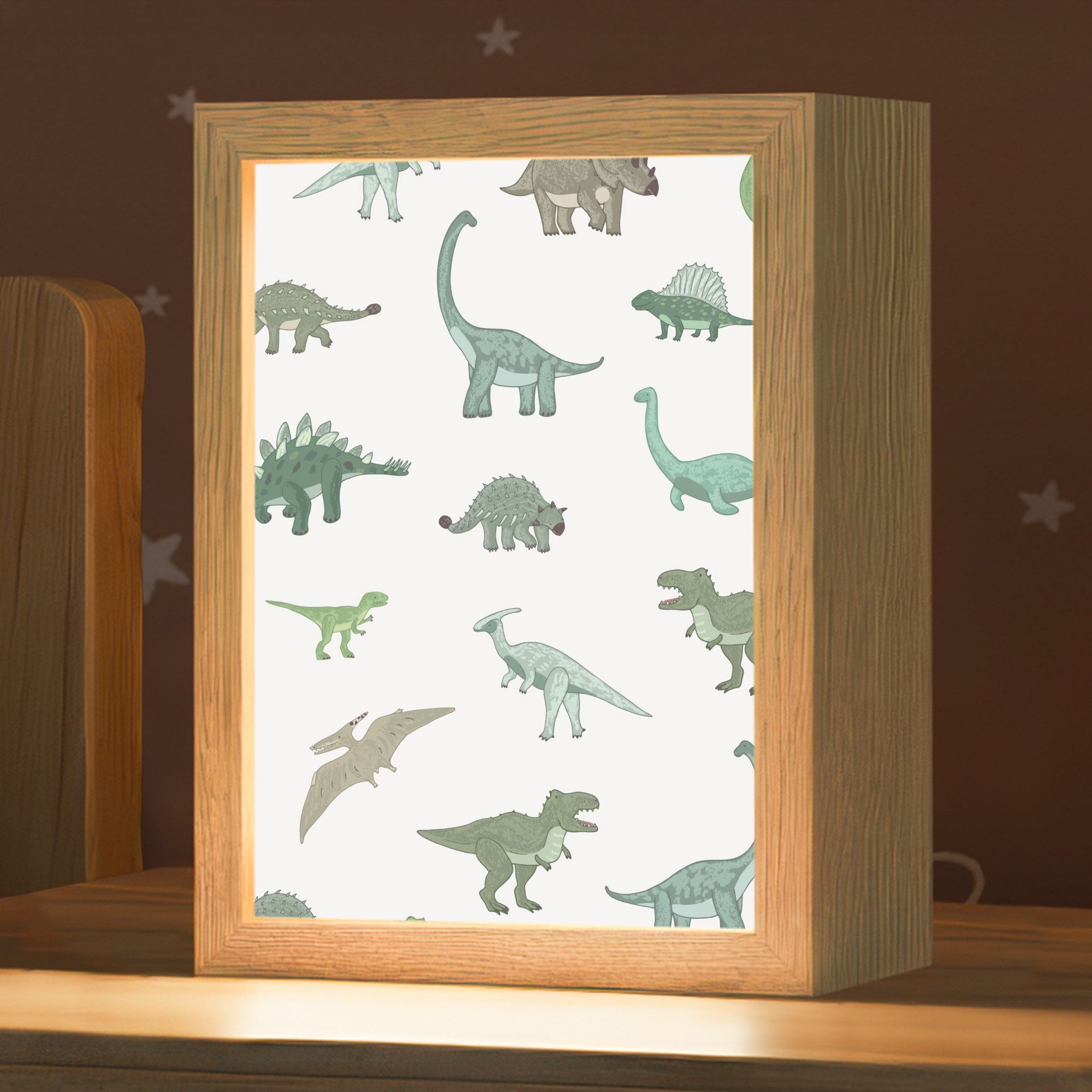 OnlyWow Nachttischlampe Lightbox Dino - Grün - Jungen - Dinosaurier - Blau, Dimmbar, Farbwechsel, LED, Warmweiß, Kaltweiß, Neutralweiß Einstellbar, Kinderzimmer, Babyzimmer, Dimmbar, mit Kabel, Nachtlampe, LED