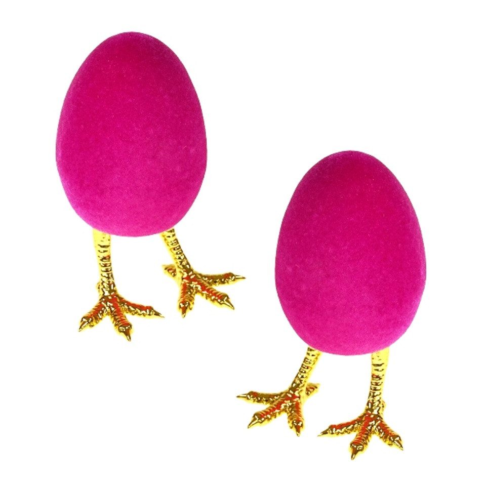 Macosa Home Osterei Dekoeier auf Füßen 2er Set Orange, Pink oder Lila Gold (Kunststoff beflockt Osterdekoration, 2 St., Tischdeko Dekofigur Ostern), 12 cm Ei Osterdeko Osterei Osterdekoration