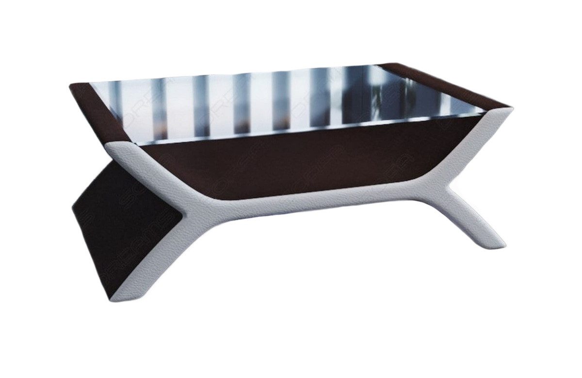 Sofa Dreams Couchtisch Calabria Tisch Stoff mit Sicherheitsglasplatte 12mm, Strukturstoff Bezug in Graubraun, Akzentfarbe Kunstleder Weiß