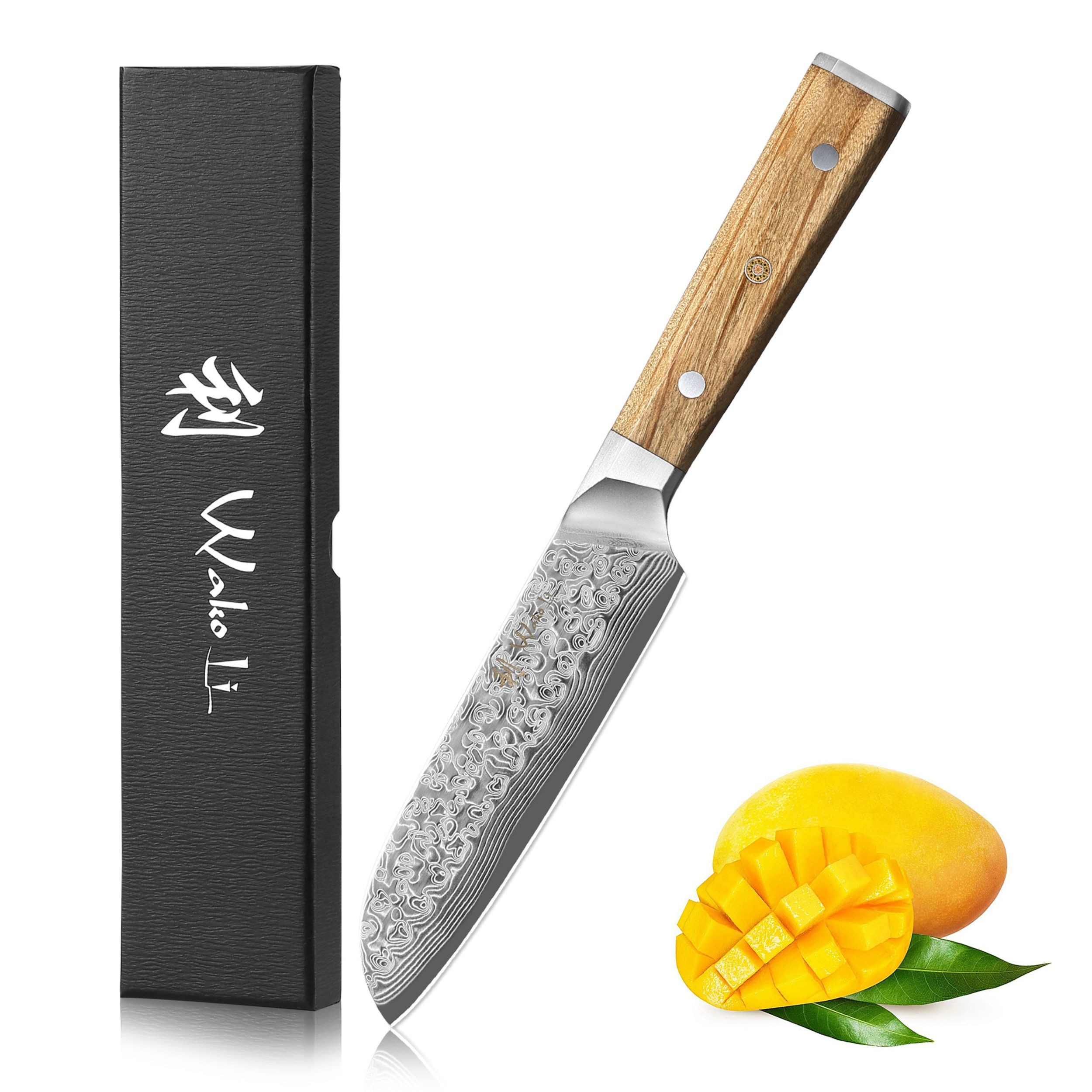 Wakoli Santokumesser Oribu Damast Santoku Küchenmesser 12 cm Klinge Full Tang Olivenholz, aus 67 Lagen Damaststahl, VG-10