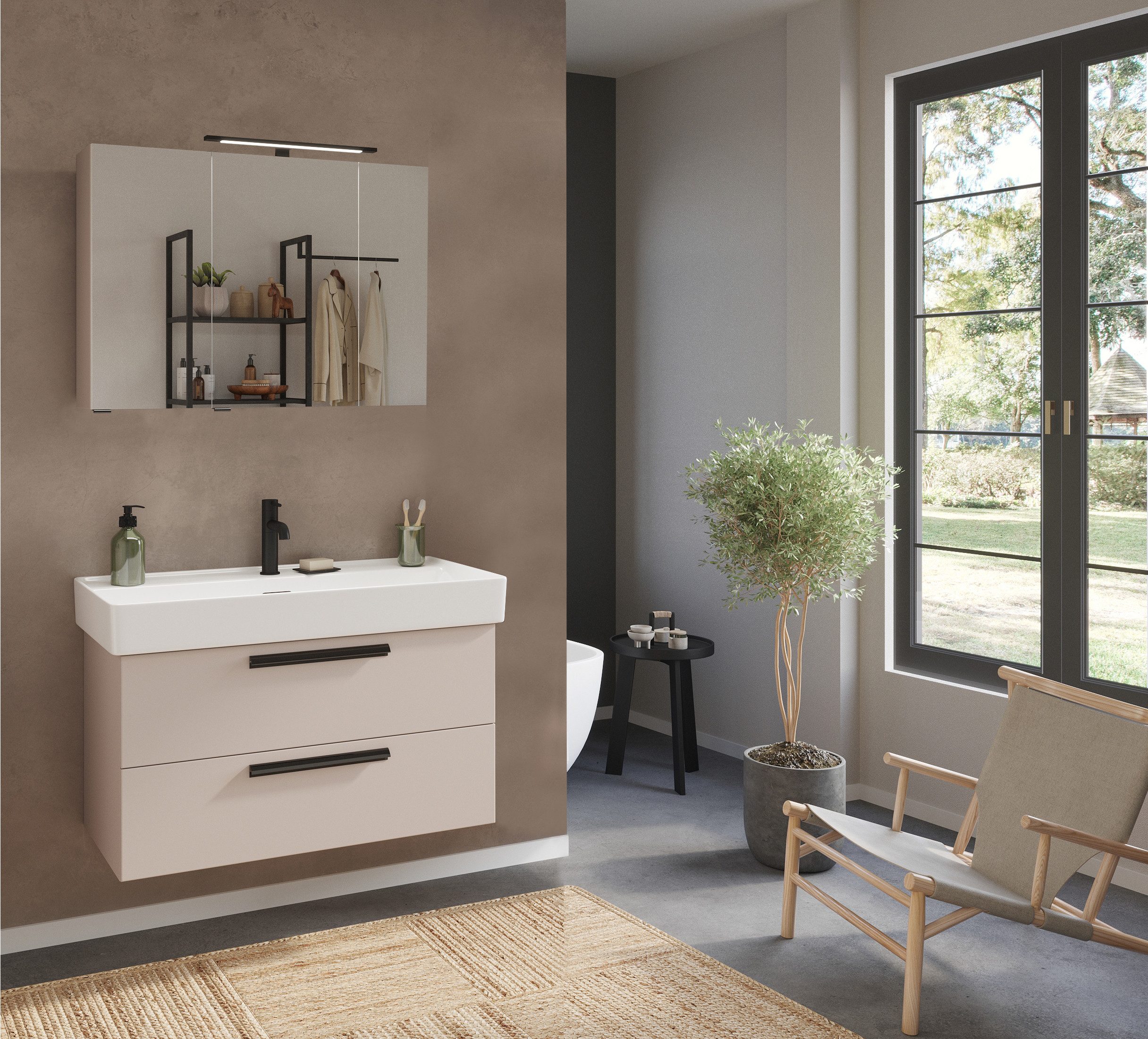 welltime Badmöbel-Set SALVADA, 2tlg-Set, gedämpfte Scharniere, Softclose, Keramikbecken, (Maße (B/T/H): 100/47,5/200 cm), Kaschmir, Keramikbecken 1 od. 2 Armaturlochbohrungen